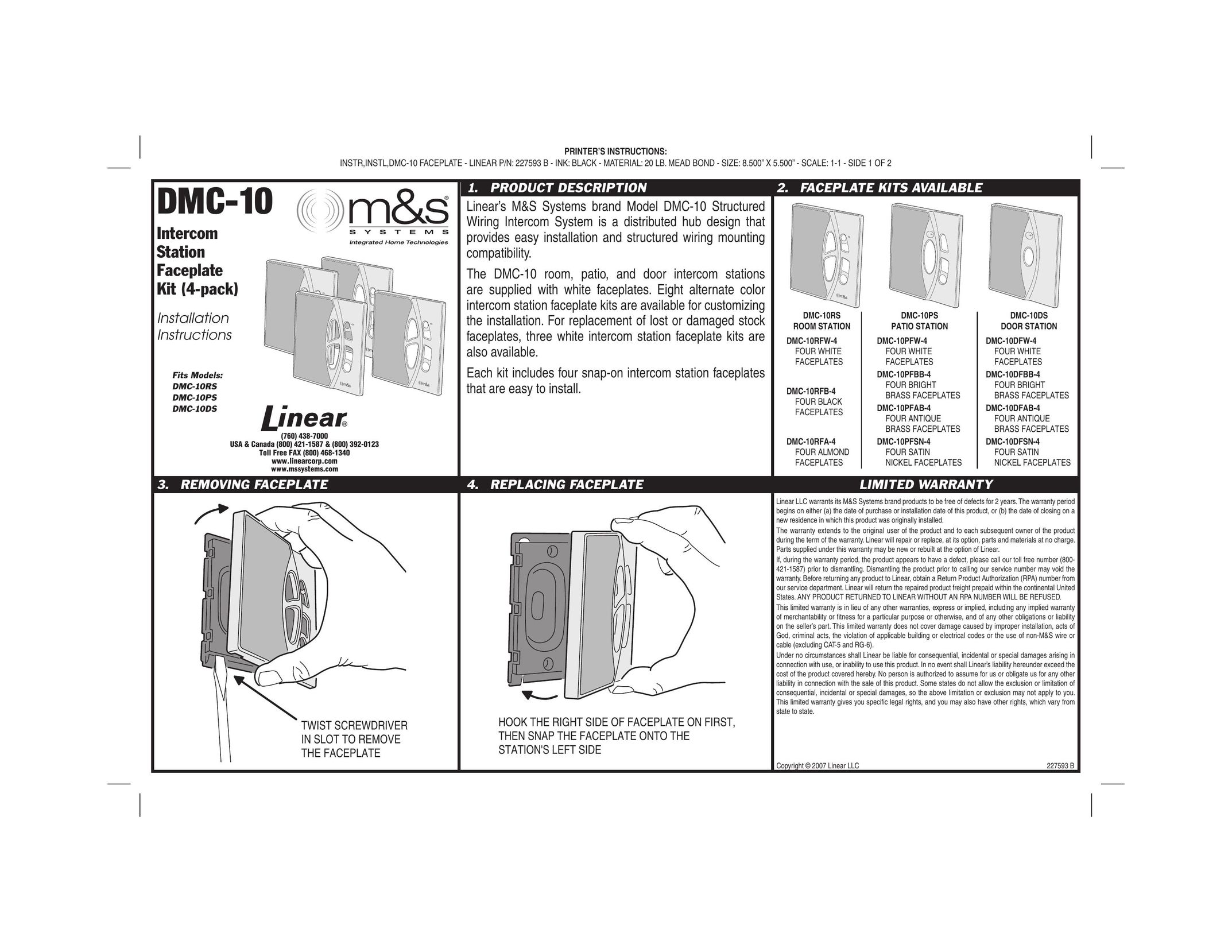 Linear DMC-10 Intercom System User Manual (Page 1)