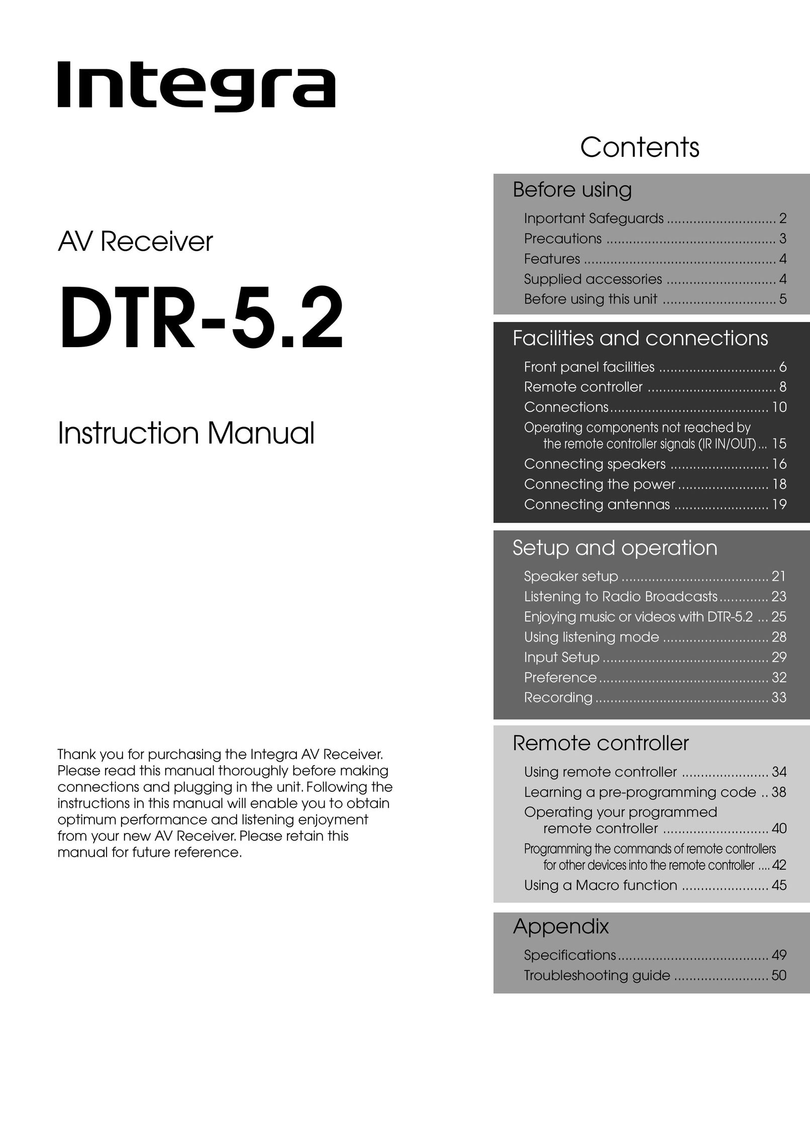 Integra DTR-5.2 Stereo Receiver User Manual (Page 1)