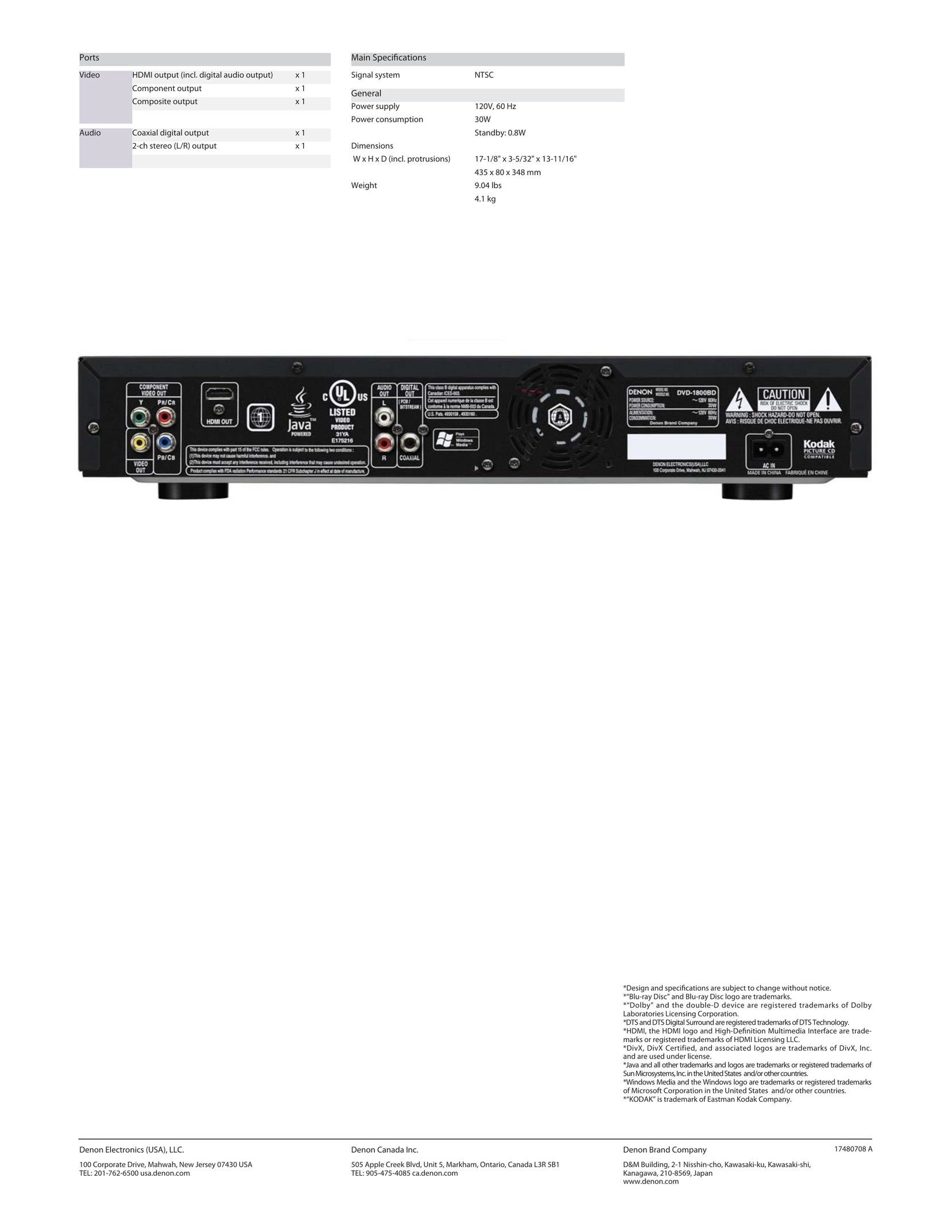 Denon DVD-1800BD Blu-ray Player User Manual (Page 2)