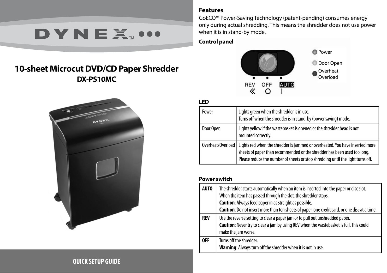 Dynex dx-ps 10mc Paper Shredder User Manual (Page 1)