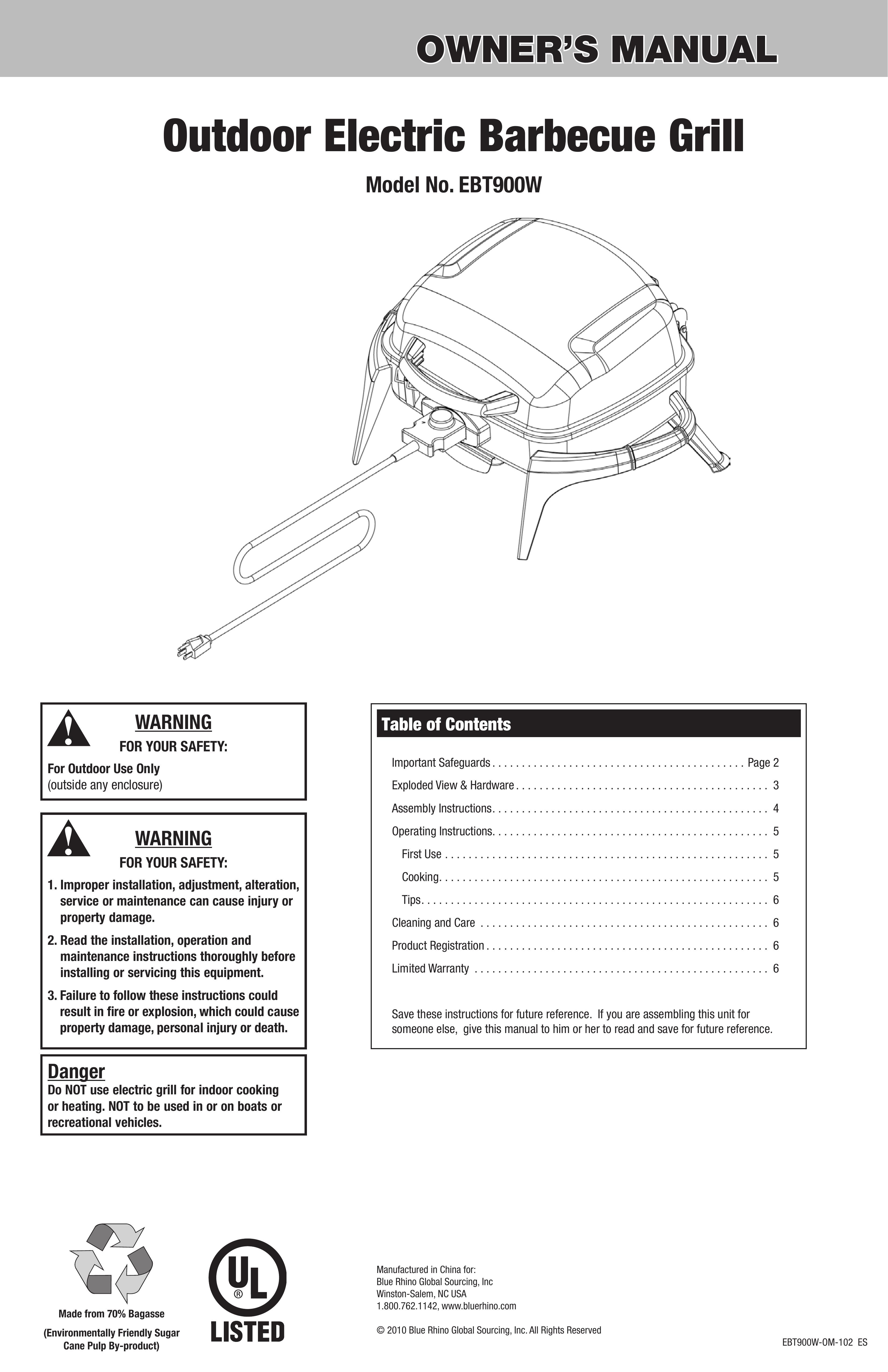 Blue Rhino EBT900W Electric Grill User Manual (Page 1)