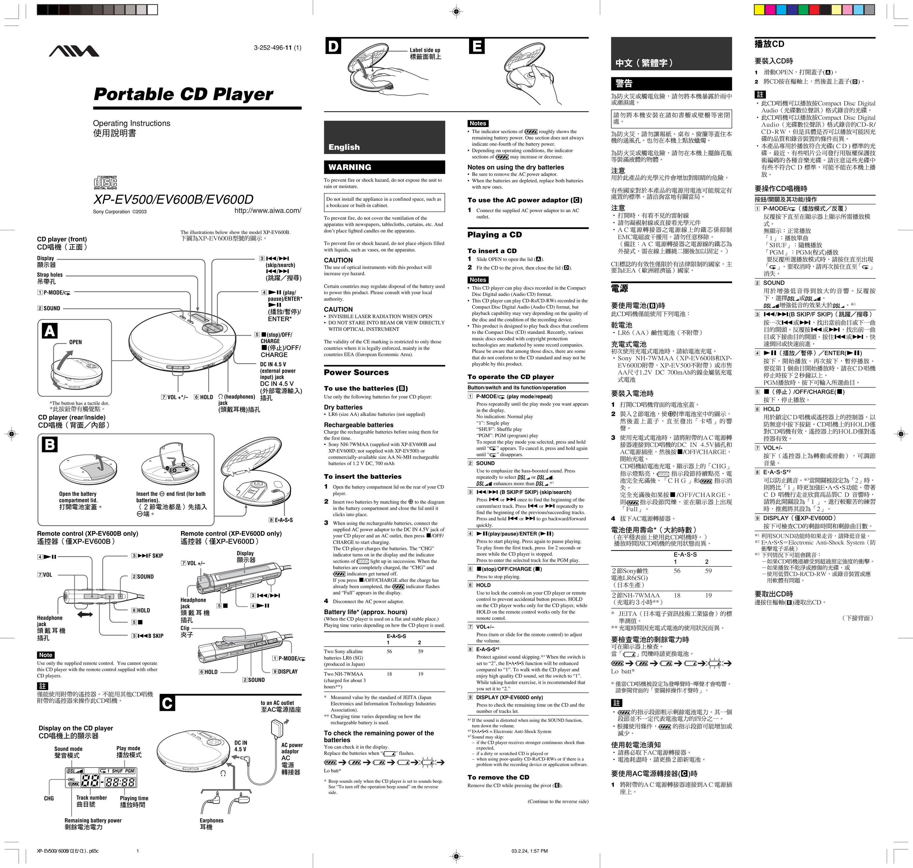 Aiwa EV600D CD Player User Manual (Page 1)