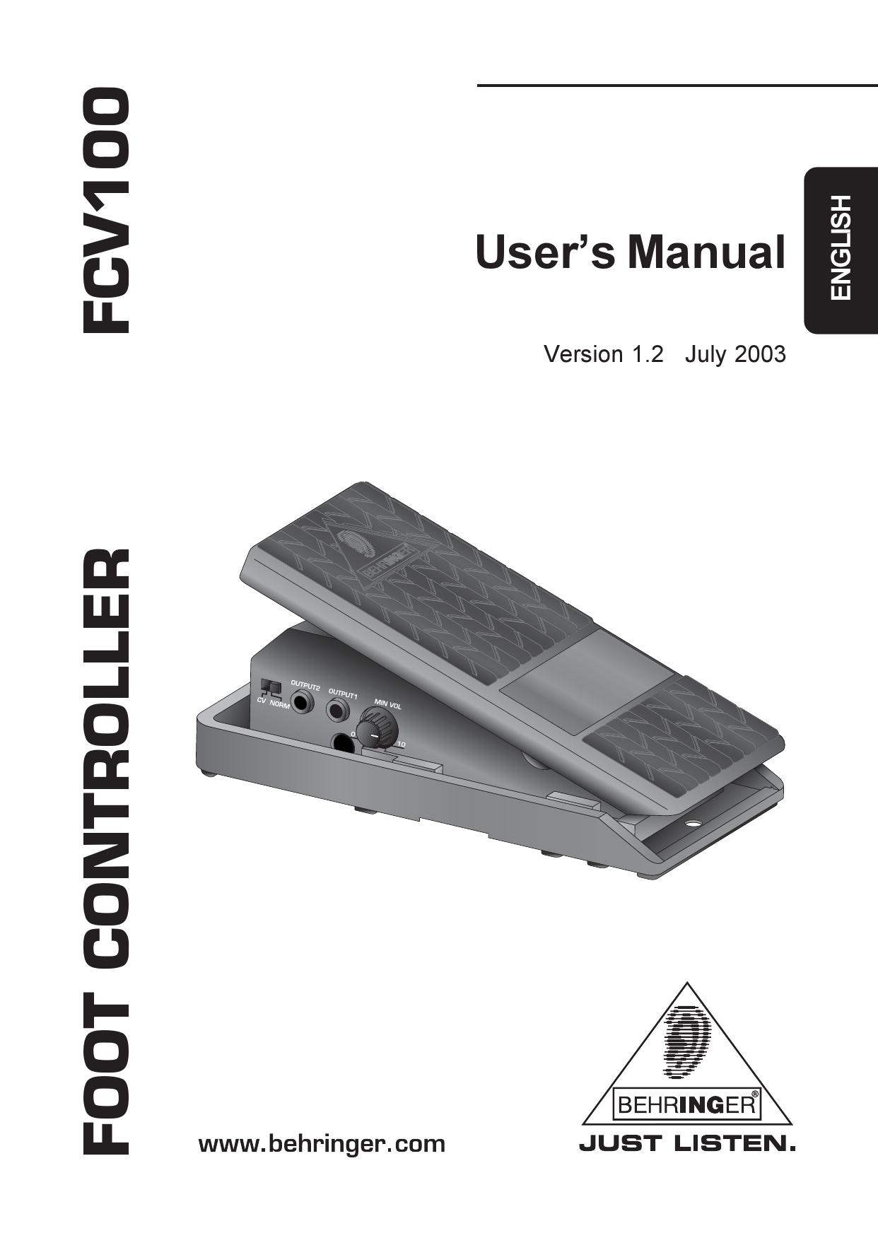 Behringer FCV100 Music Pedal User Manual (Page 1)