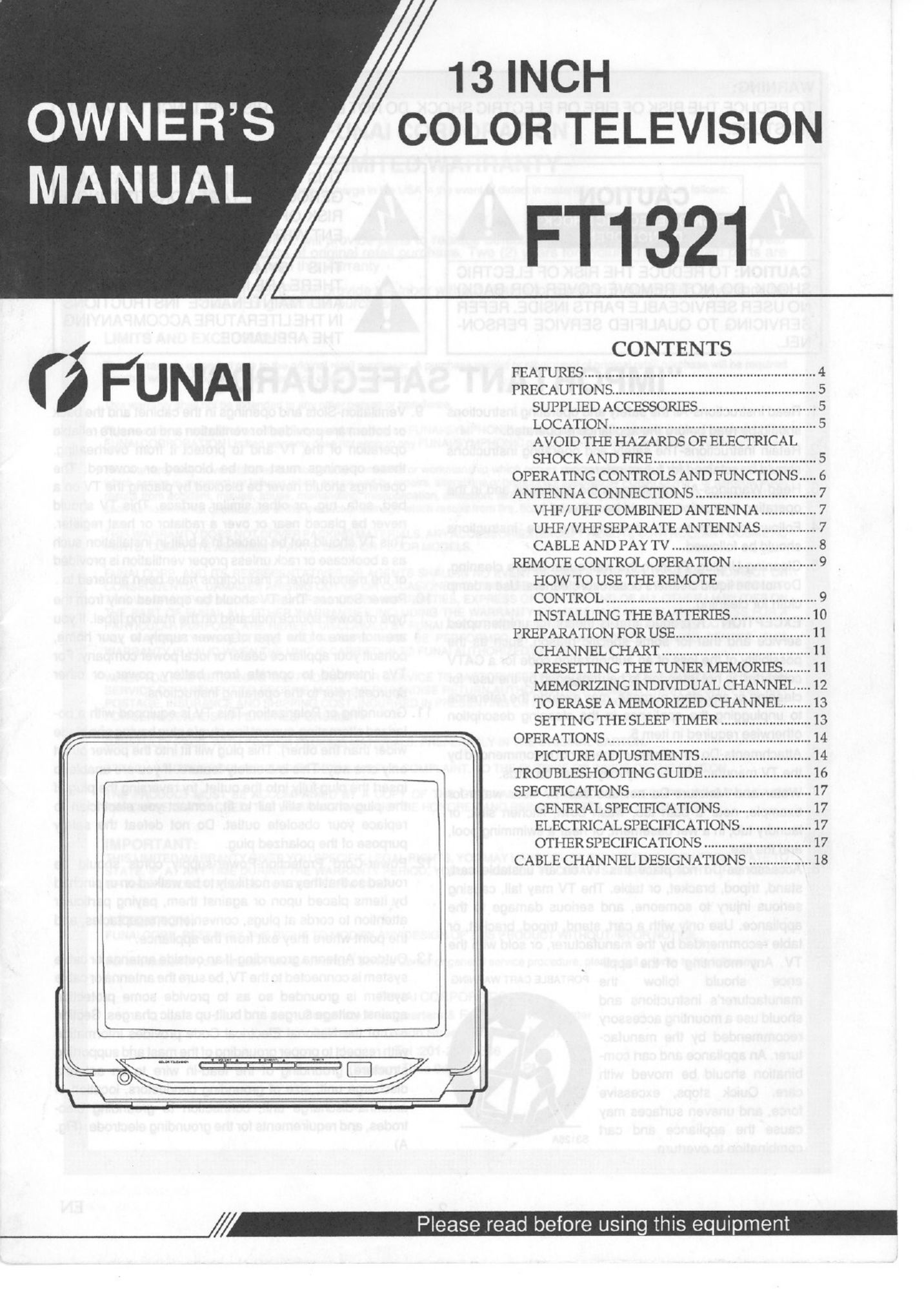 FUNAI FT1321 CRT Television User Manual (Page 1)