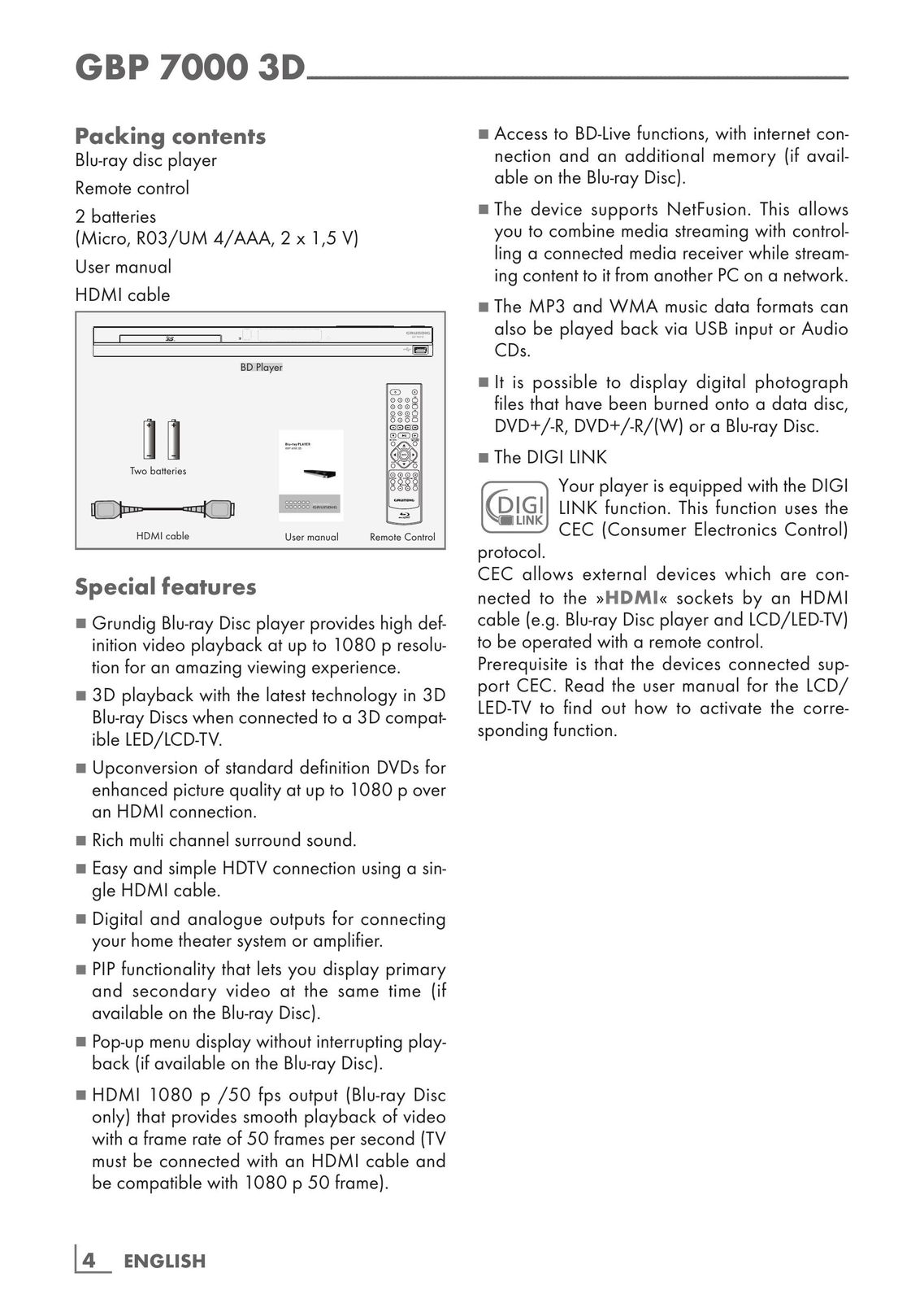 Grundig GBP 7000 3D Blu-ray Player User Manual (Page 4)