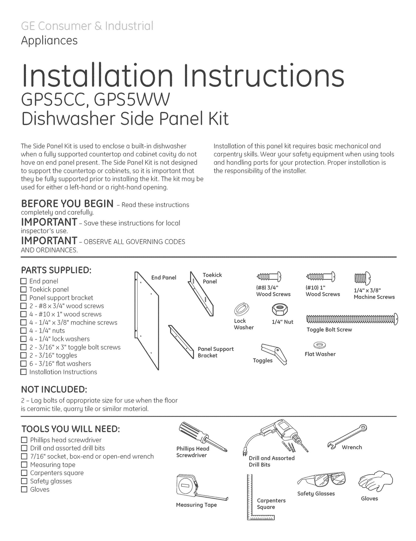 GE GPS5WW Appliance Trim Kit User Manual (Page 1)