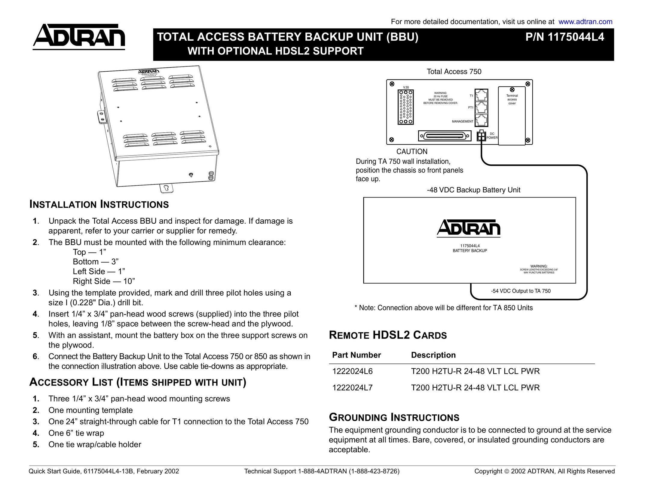 ADTRAN HDSL2 Battery Charger User Manual (Page 1)