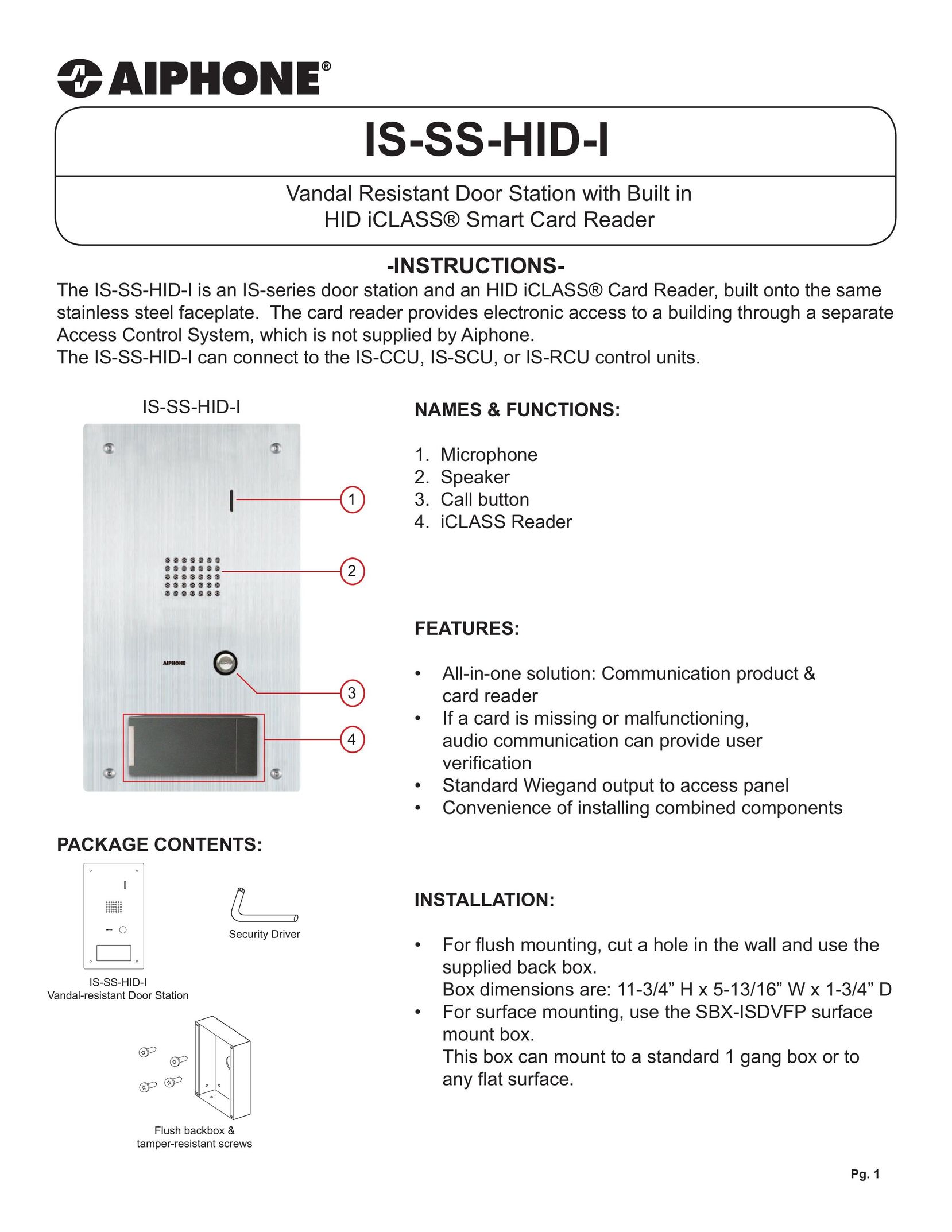 Aiphone IS-SS-HID-I Garage Door Opener User Manual (Page 1)