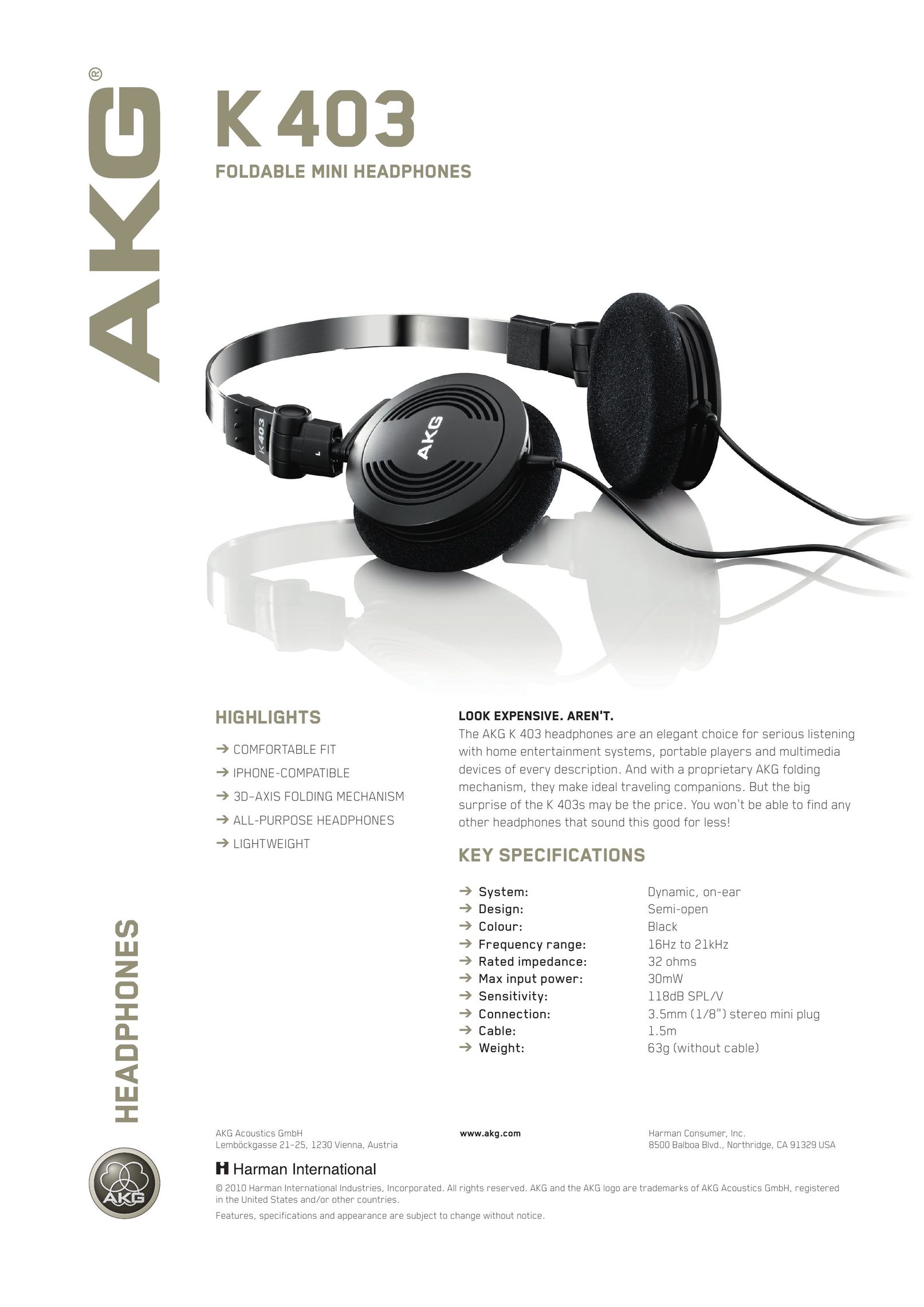 AKG Acoustics K 403 Headphones User Manual (Page 1)