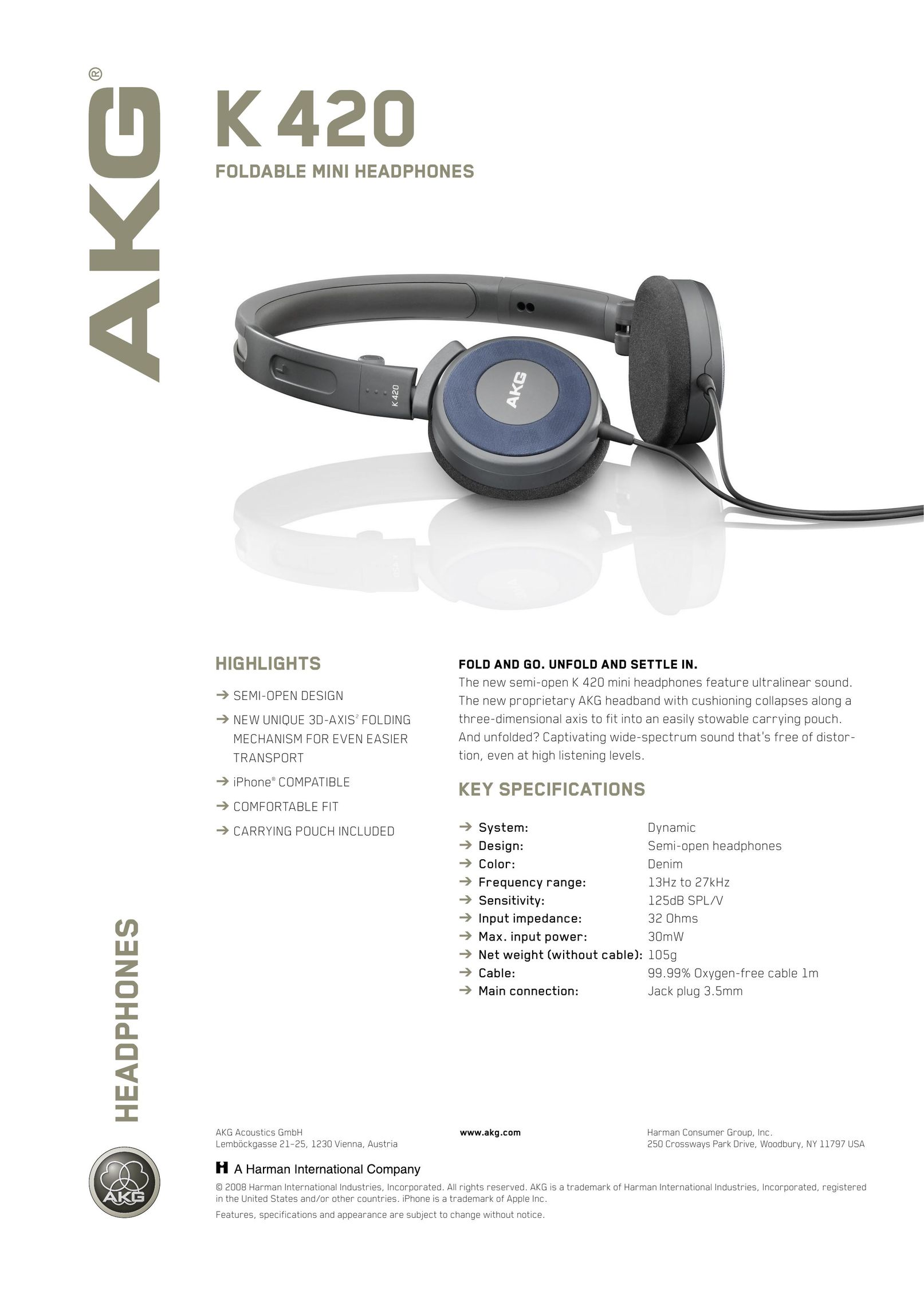 AKG Acoustics K 420 Headphones User Manual (Page 1)