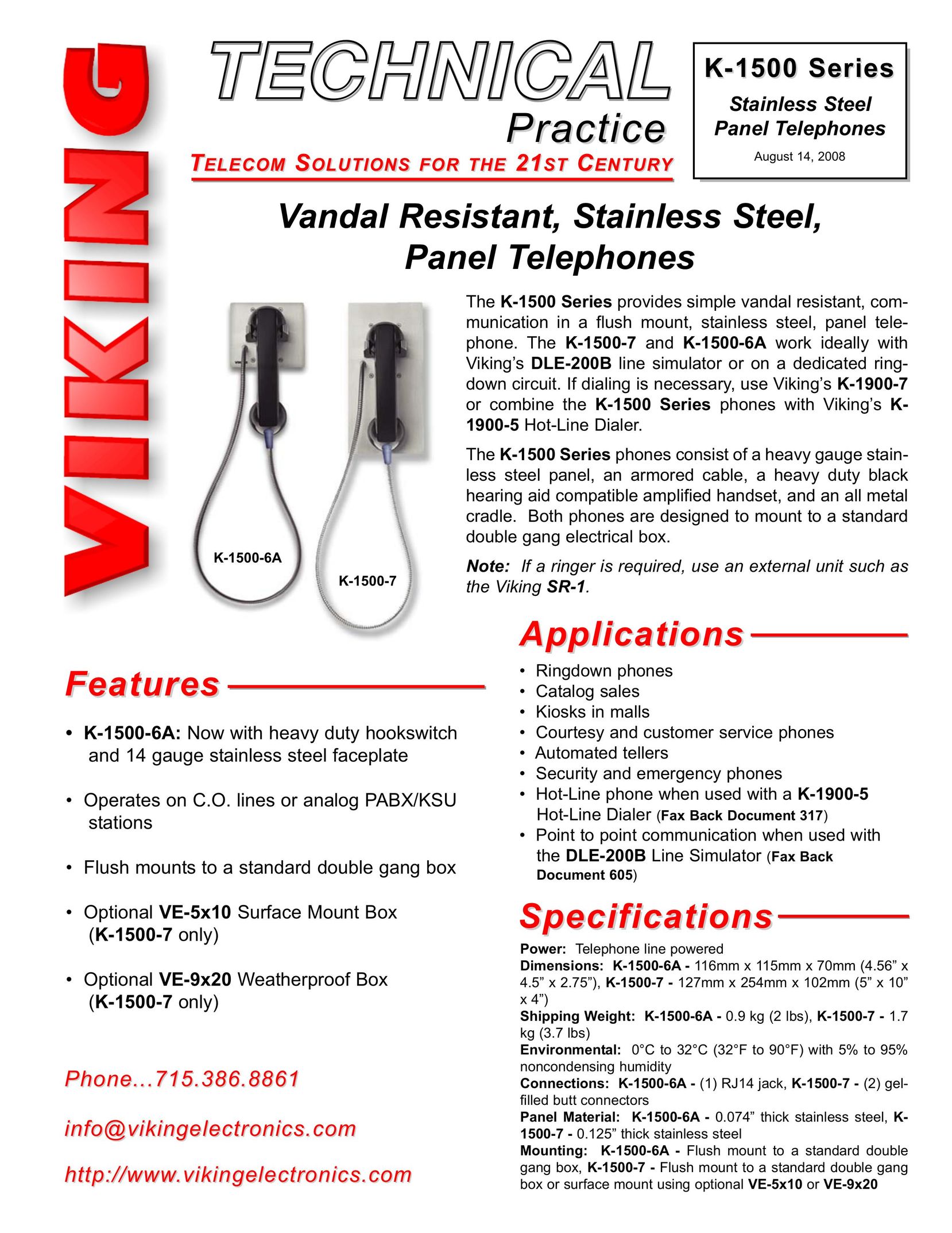 Viking Electronics K-1500 Series Telephone User Manual (Page 1)