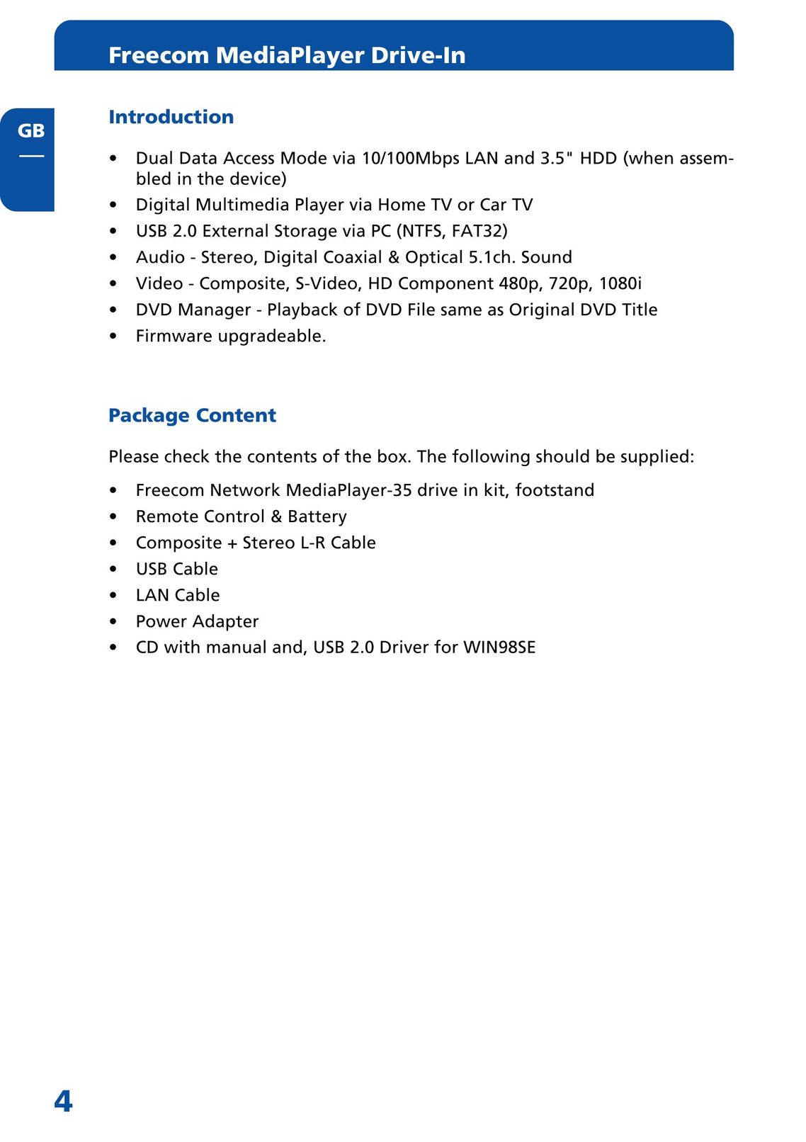 Freecom Technologies MediaPlayer Drive-In Kit Portable Multimedia Player User Manual (Page 4)
