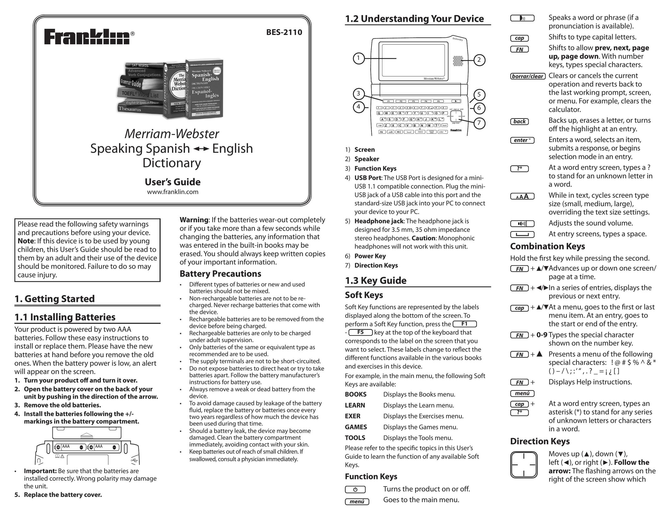 Franklin Merriam-Webster Speaking Spanish - English Dictionary Handheld Game System User Manual (Page 1)