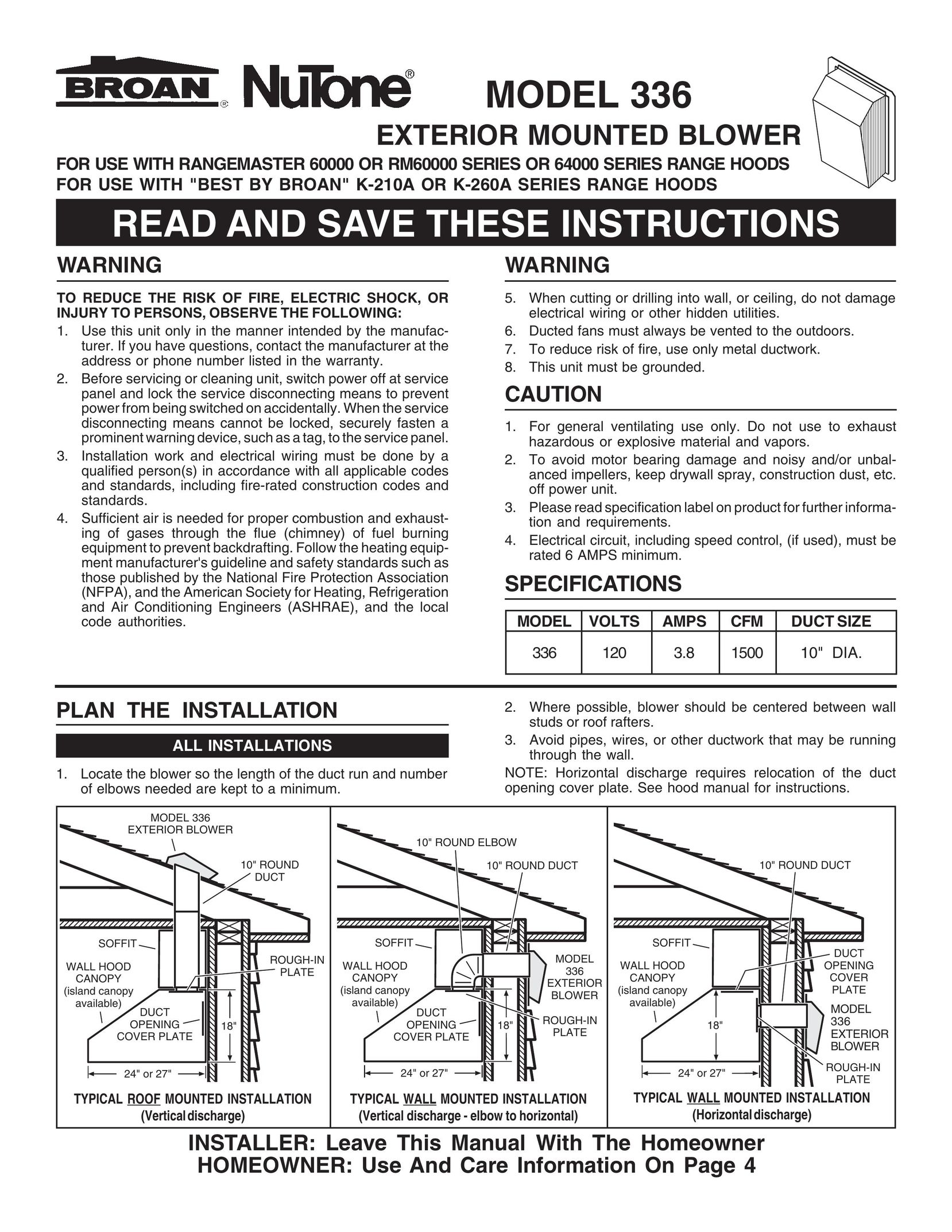 Broan MODEL 336 Bicycle Accessories User Manual (Page 1)