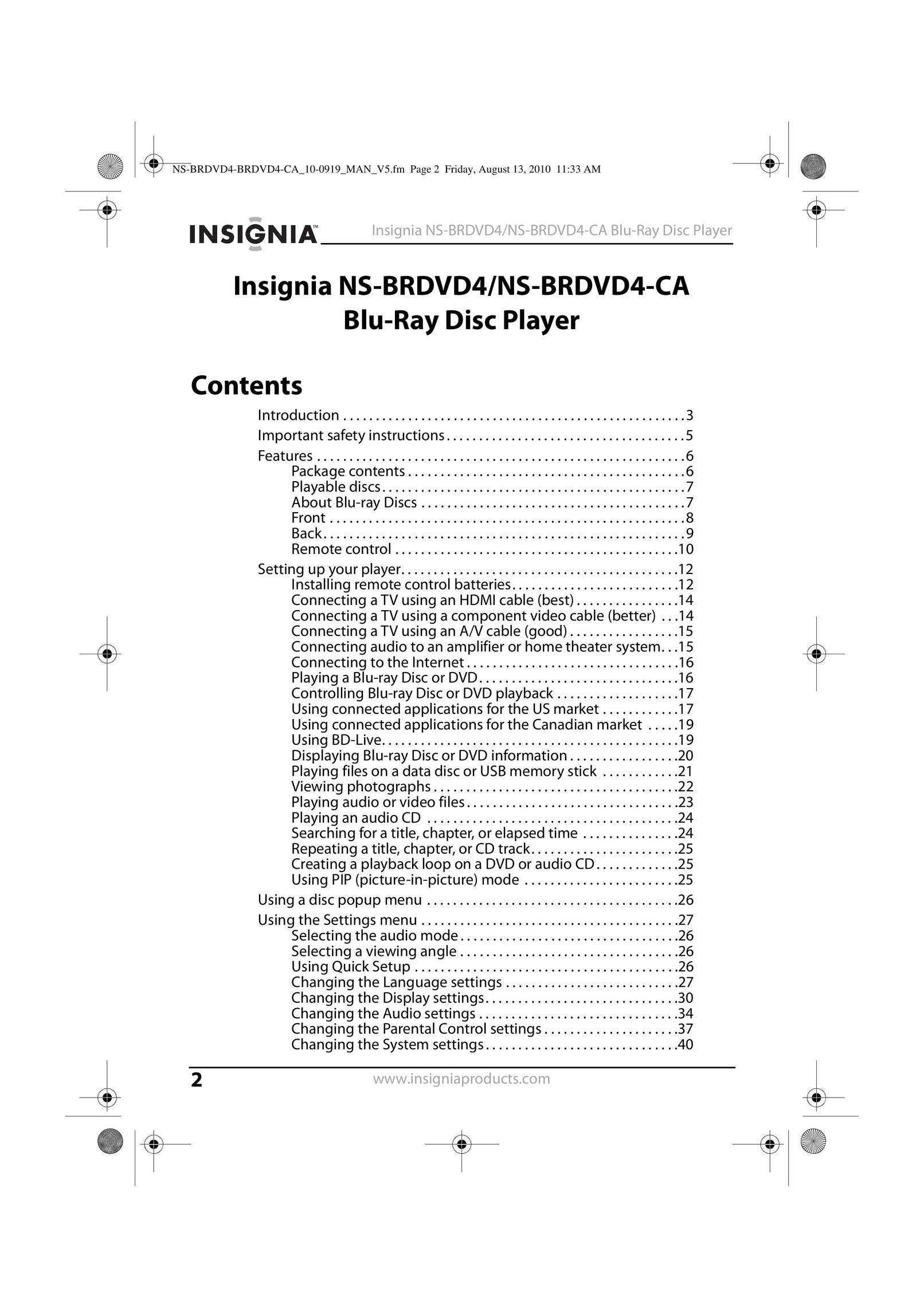 Insignia NS-BRDVD4 Blu-ray Player User Manual (Page 2)