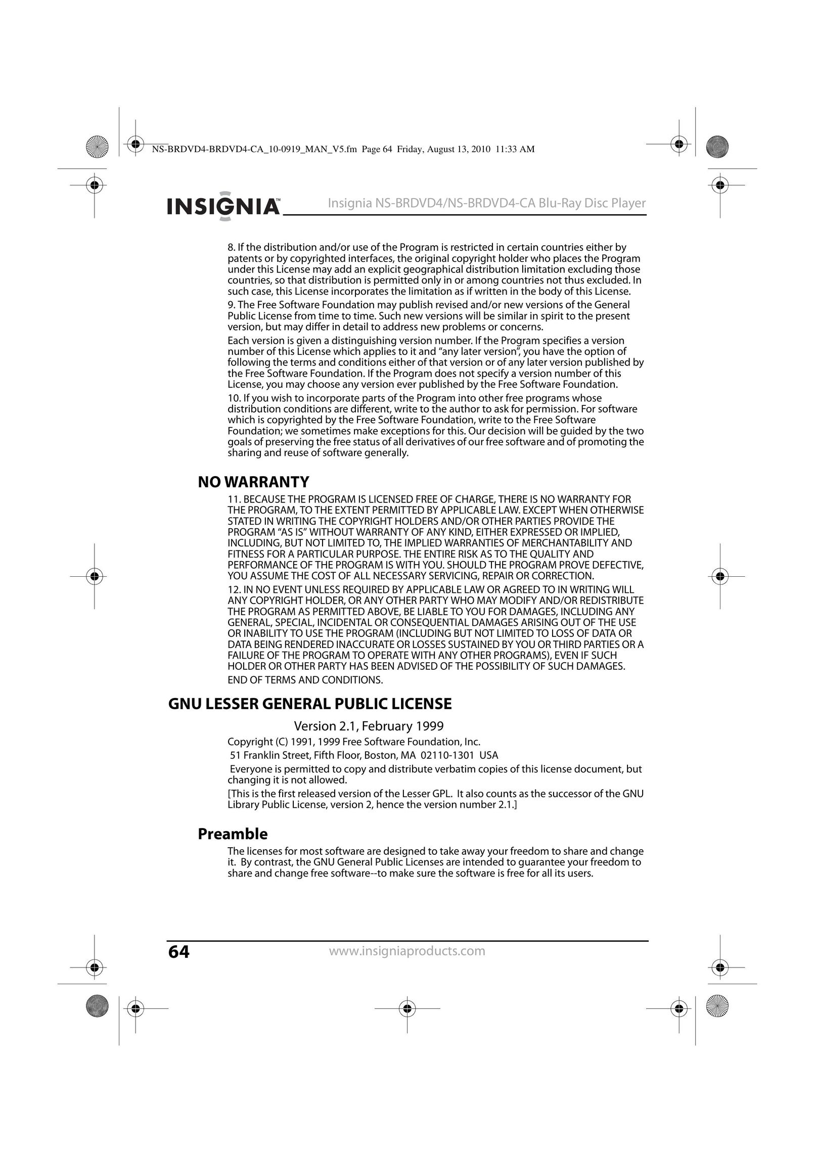 Insignia NS-BRDVD4 Blu-ray Player User Manual (Page 64)