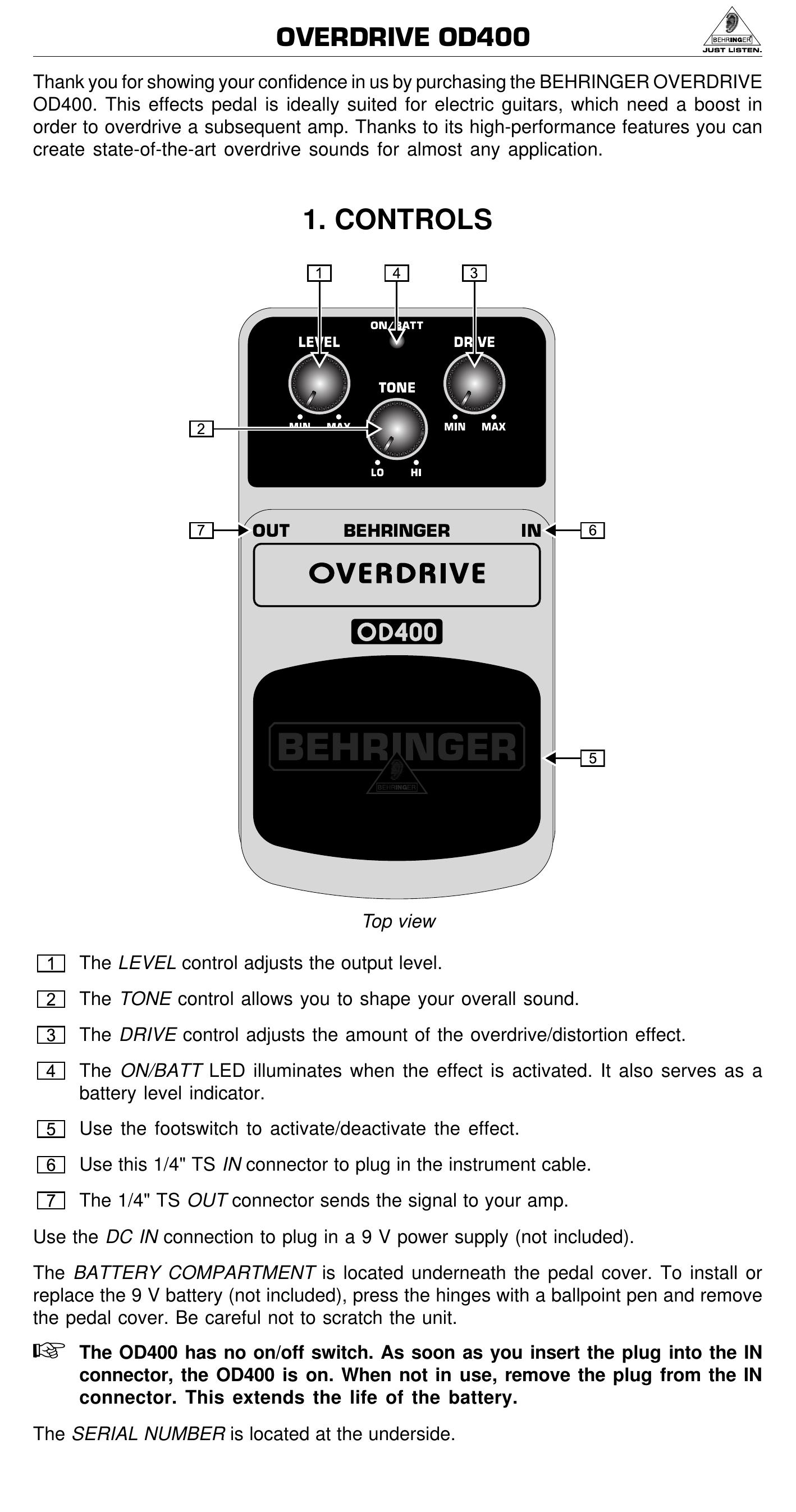 Behringer OD400 Music Pedal User Manual (Page 1)