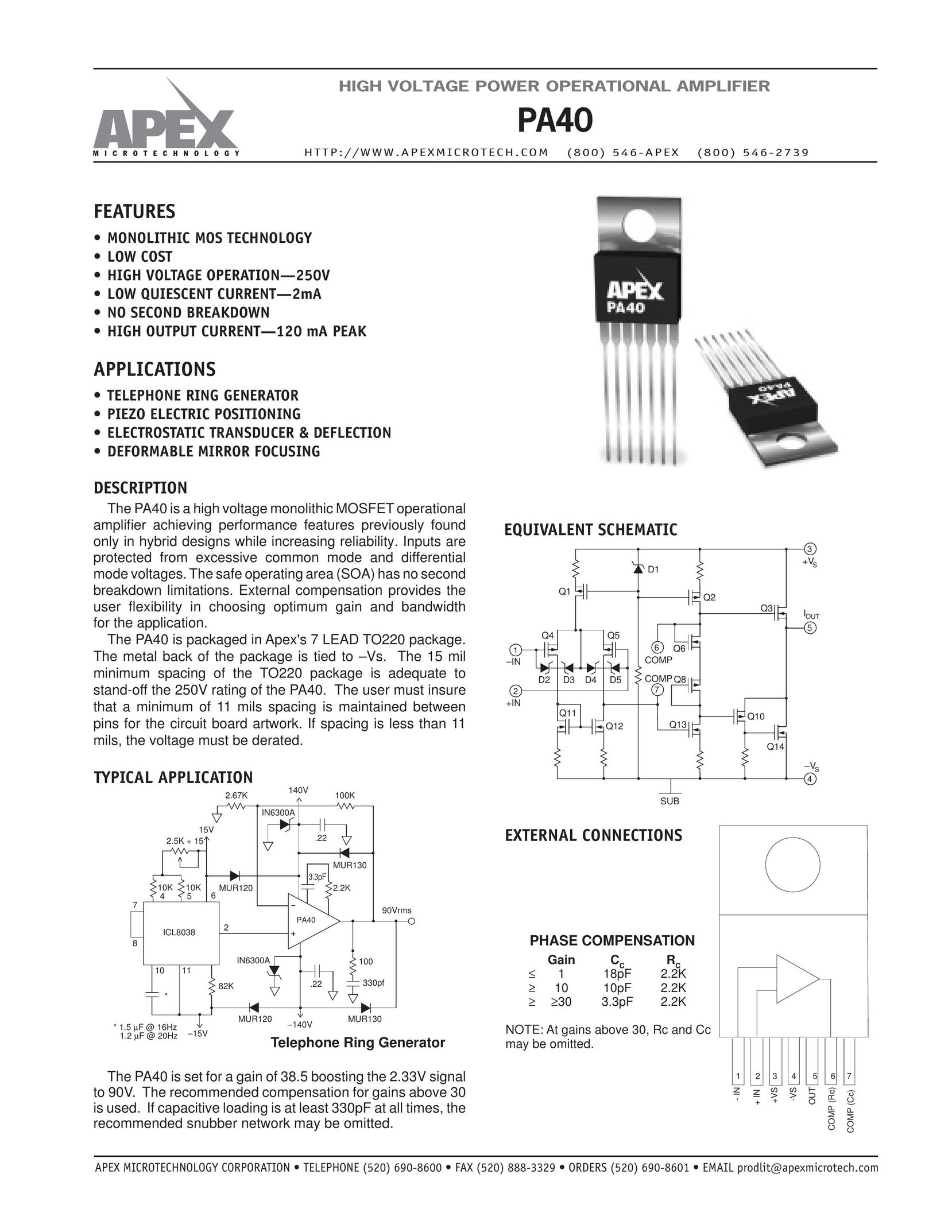 Apex Digital PA40 Switch User Manual (Page 1)