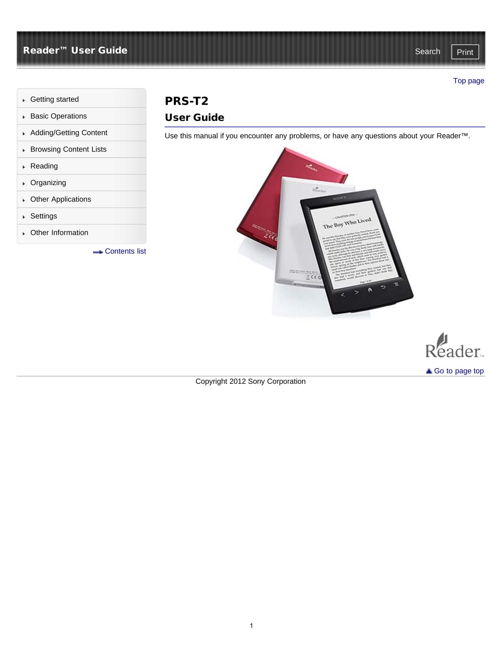 Sony PRS-T2 eBook Reader User Manual (Page 1)