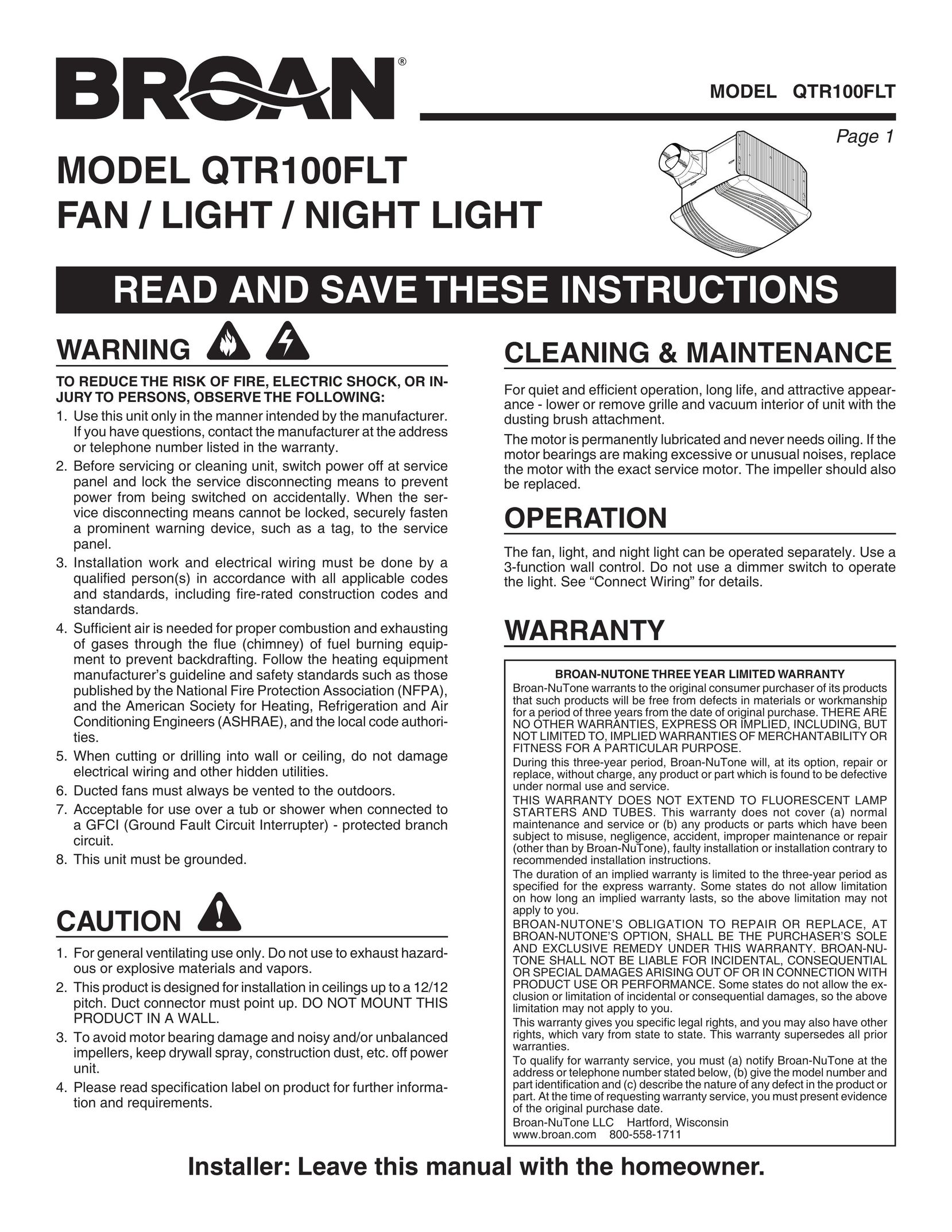 Broan QTR100FLT Indoor Furnishings User Manual (Page 1)