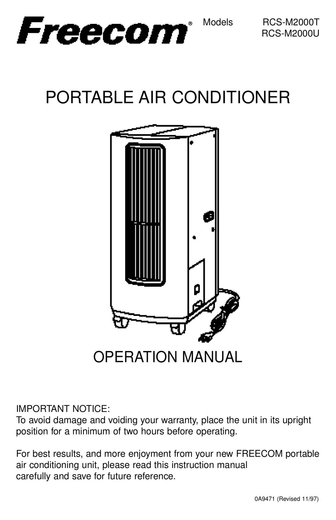 Freecom Technologies RCS-M2000T Air Conditioner User Manual (Page 1)
