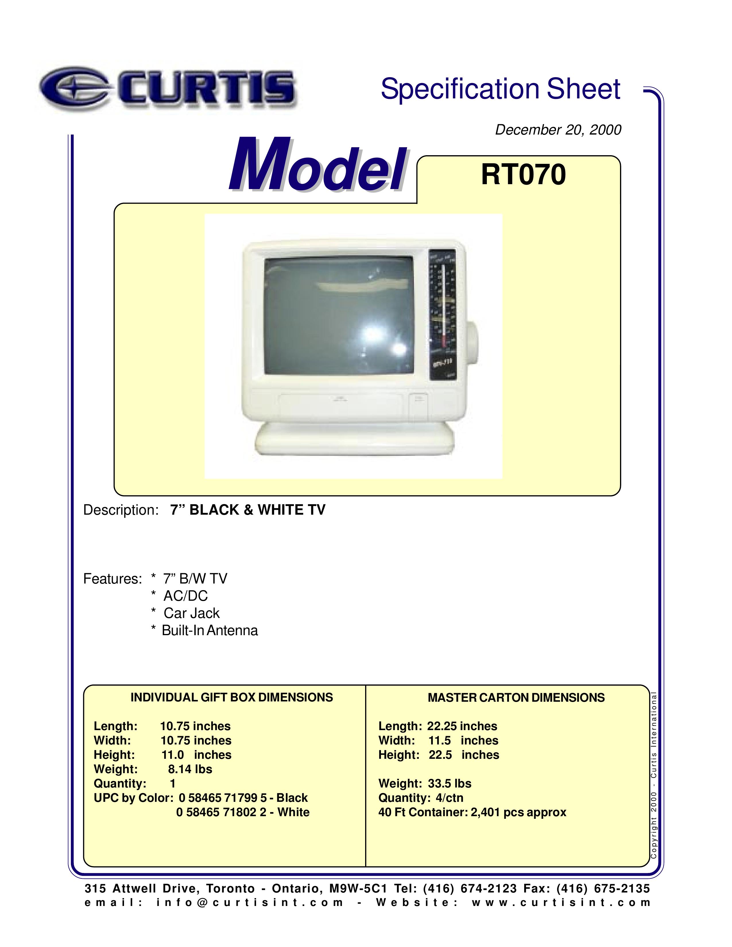Curtis RT070 Handheld TV User Manual (Page 1)