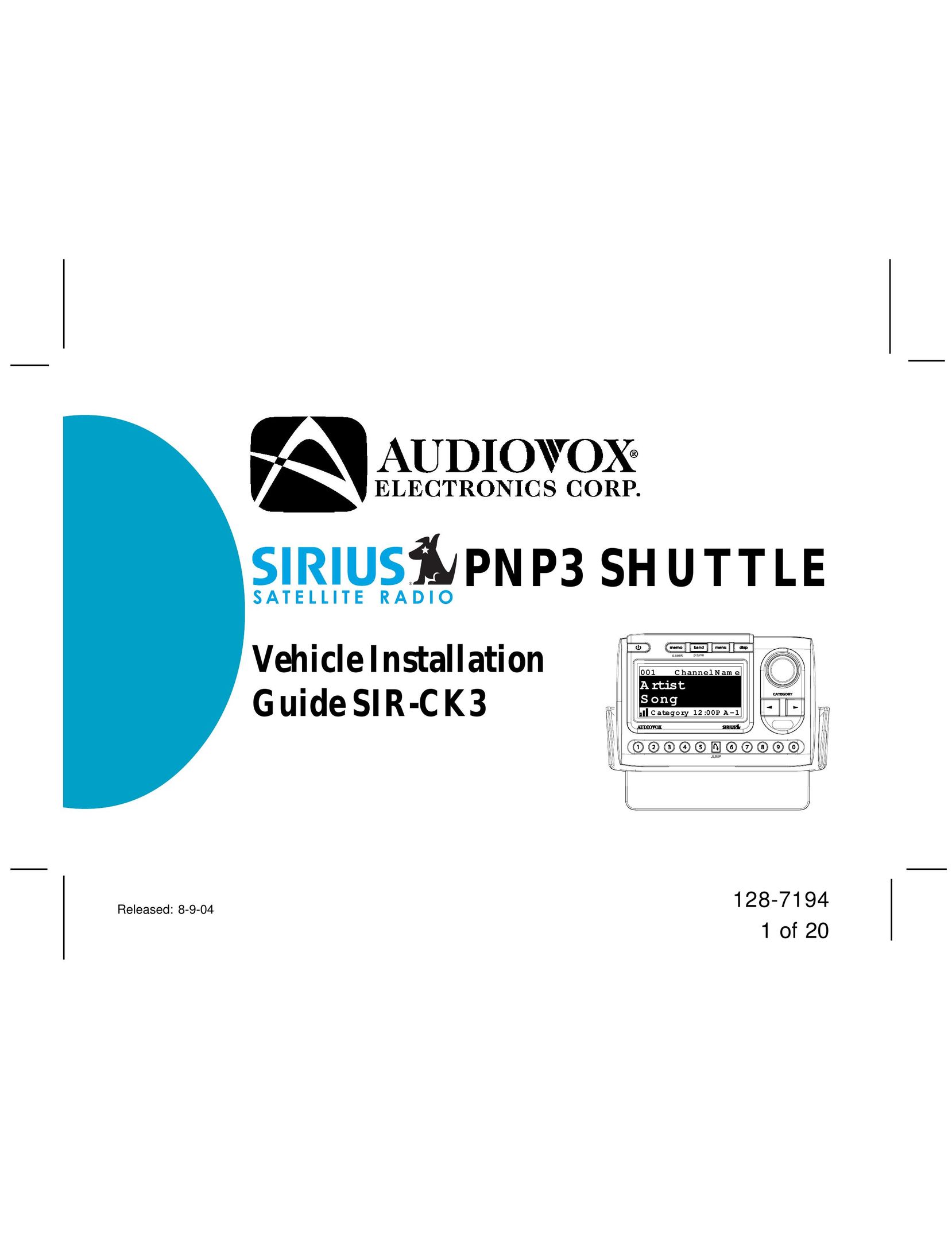 Audiovox SIR-CK3 Car Satellite Radio System User Manual (Page 1)