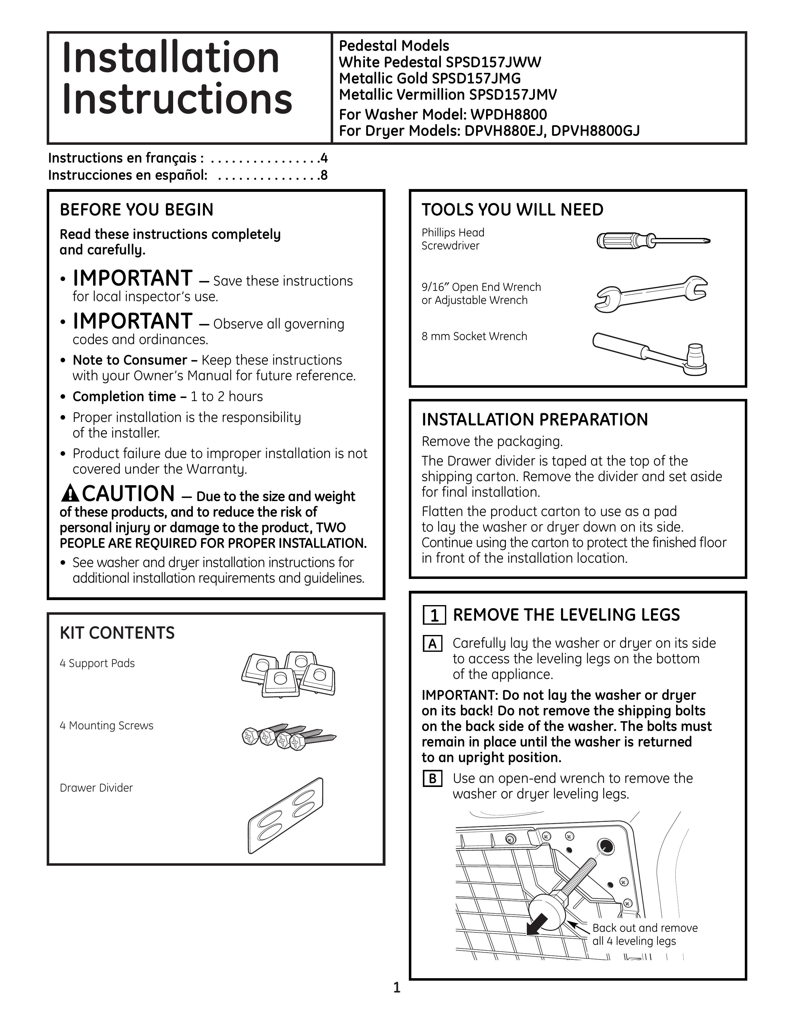 GE SPSD157JMG Dryer Accessories User Manual (Page 1)