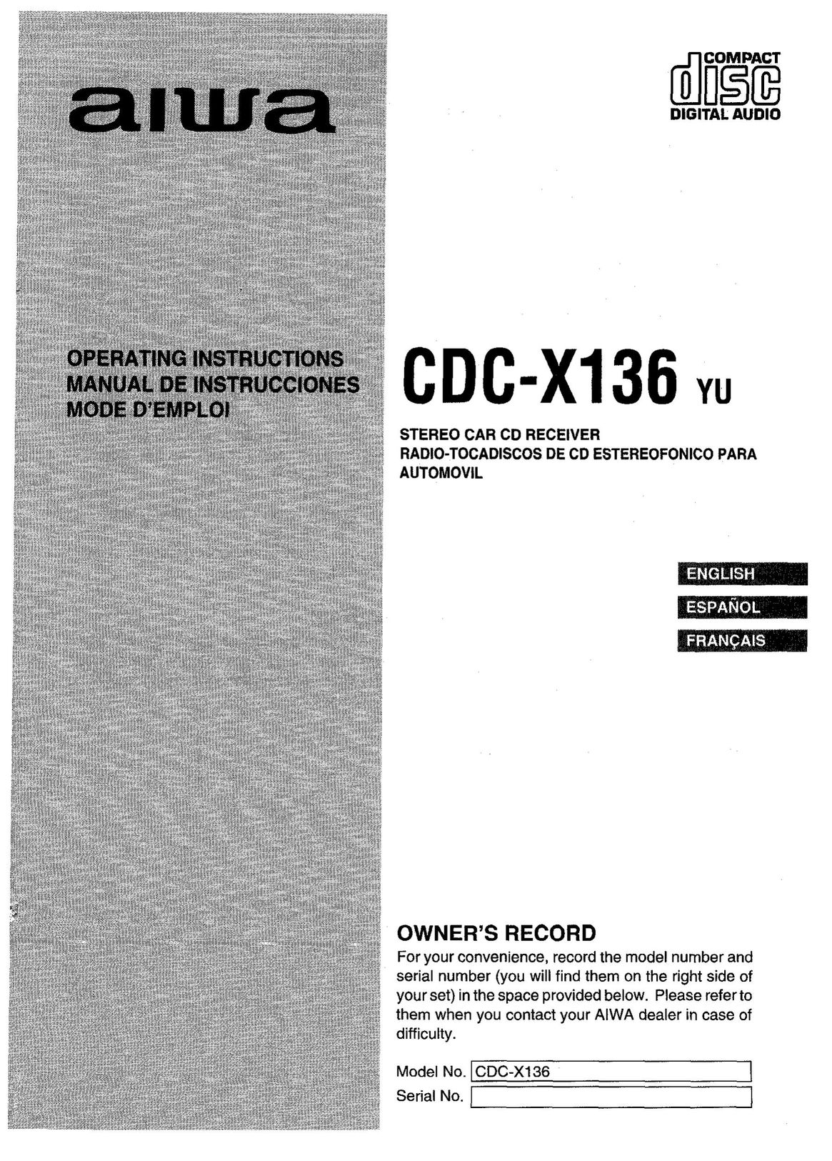 Aiwa CDC-X136 Car Stereo System User Manual (Page 1)