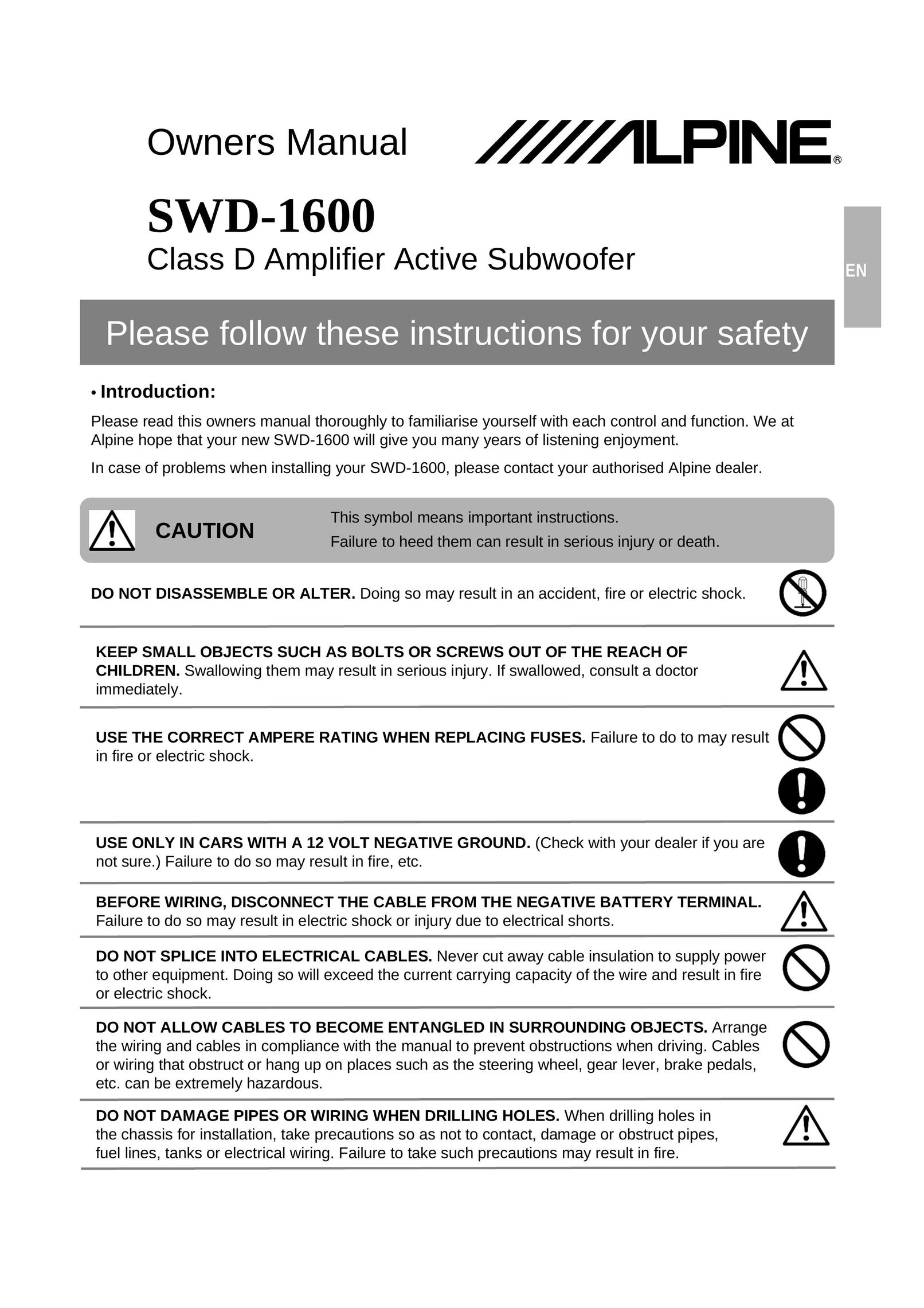 Alpine SWD-1600 Car Speaker User Manual (Page 1)