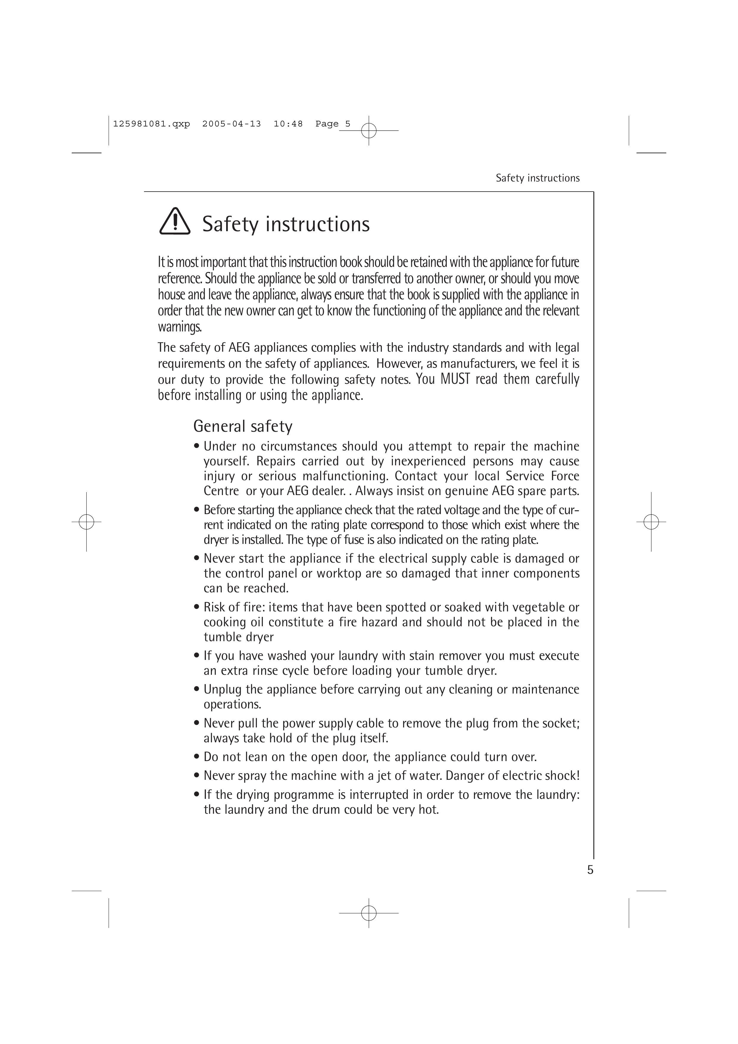 AEG T37400 Clothes Dryer User Manual (Page 5)