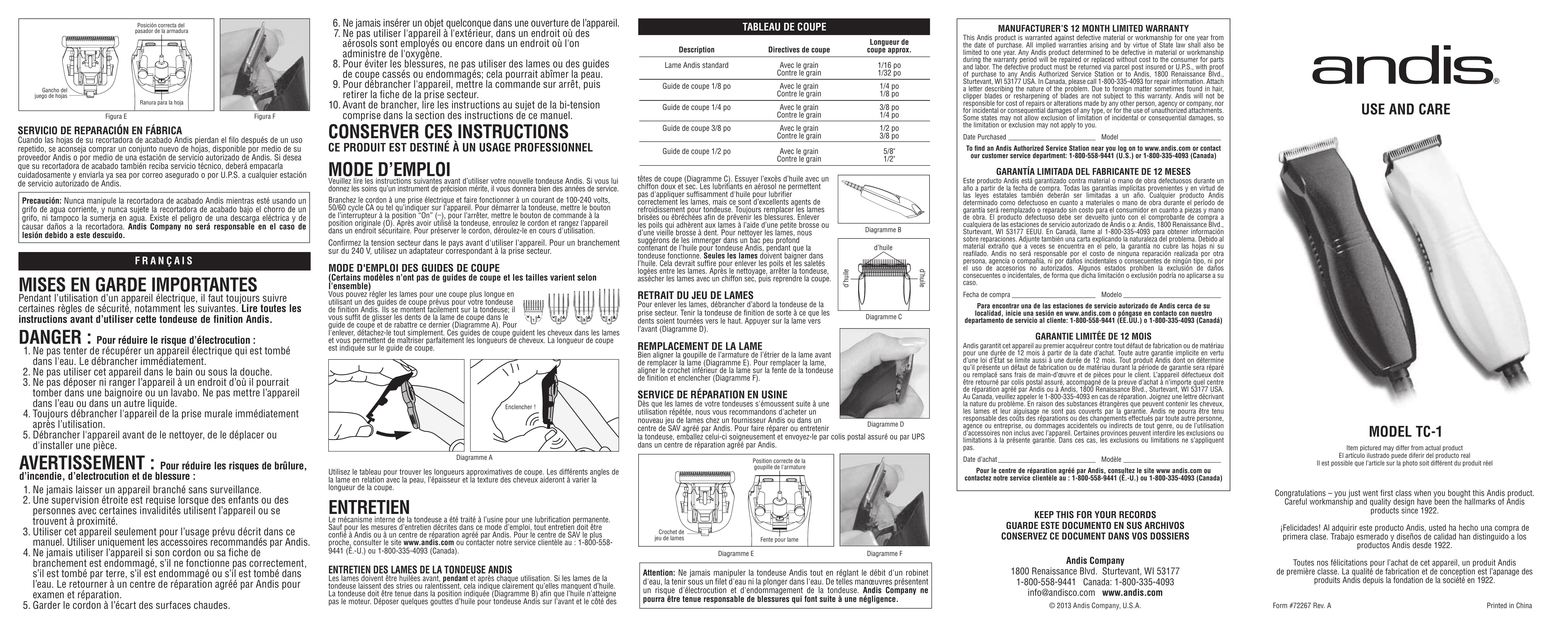 Andis Company TC-1 Electric Shaver User Manual (Page 1)