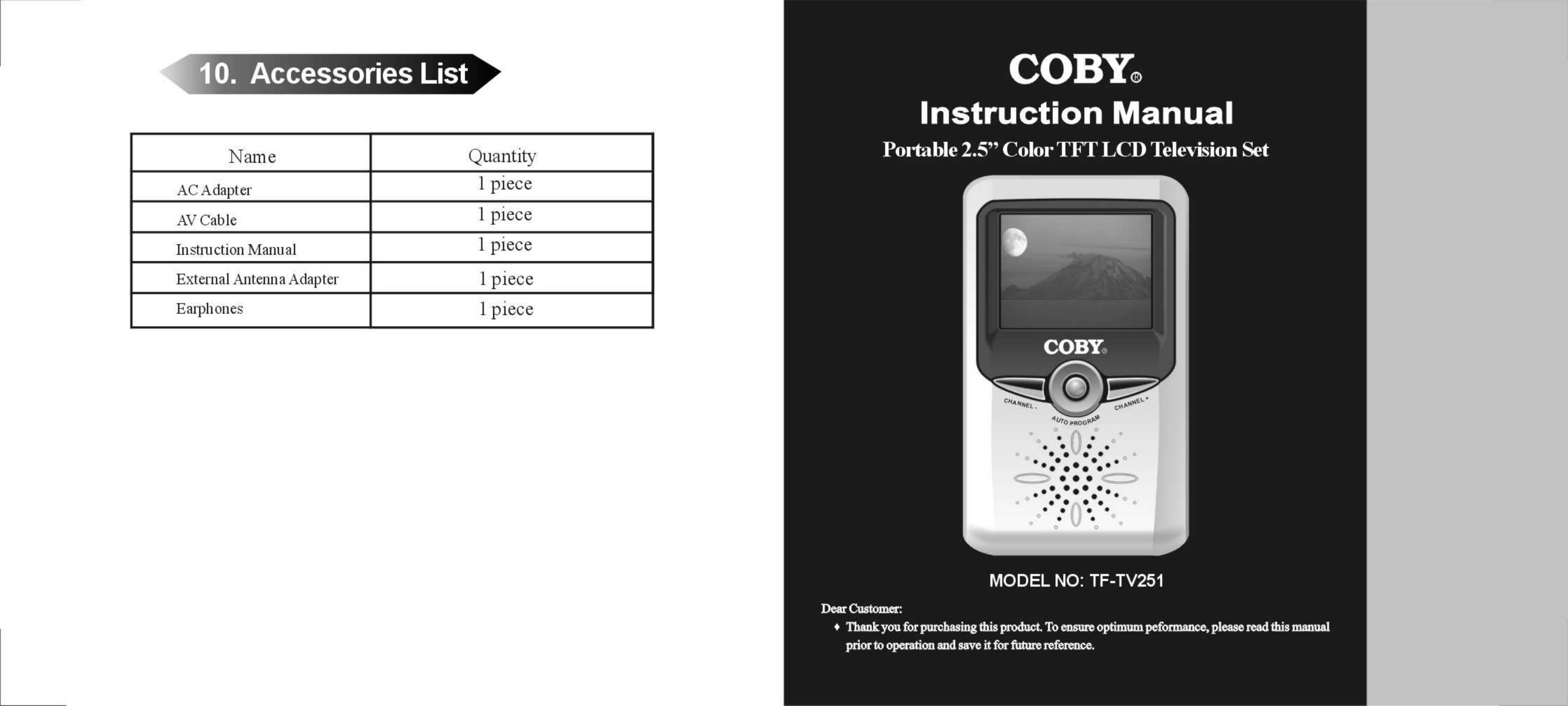 COBY electronic TF-TV251 Handheld TV User Manual (Page 1)