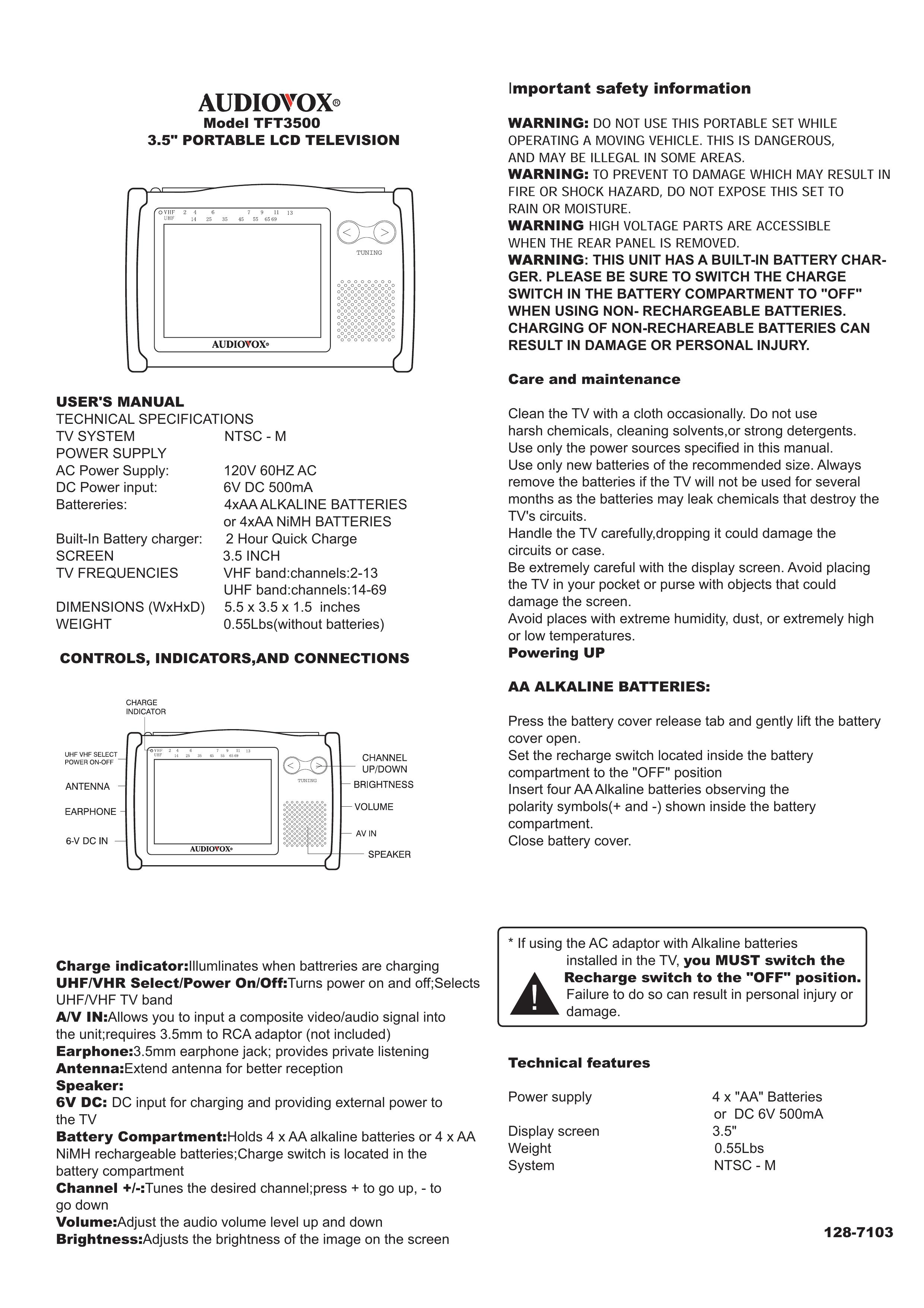 Audiovox TFT3500 Handheld TV User Manual (Page 1)