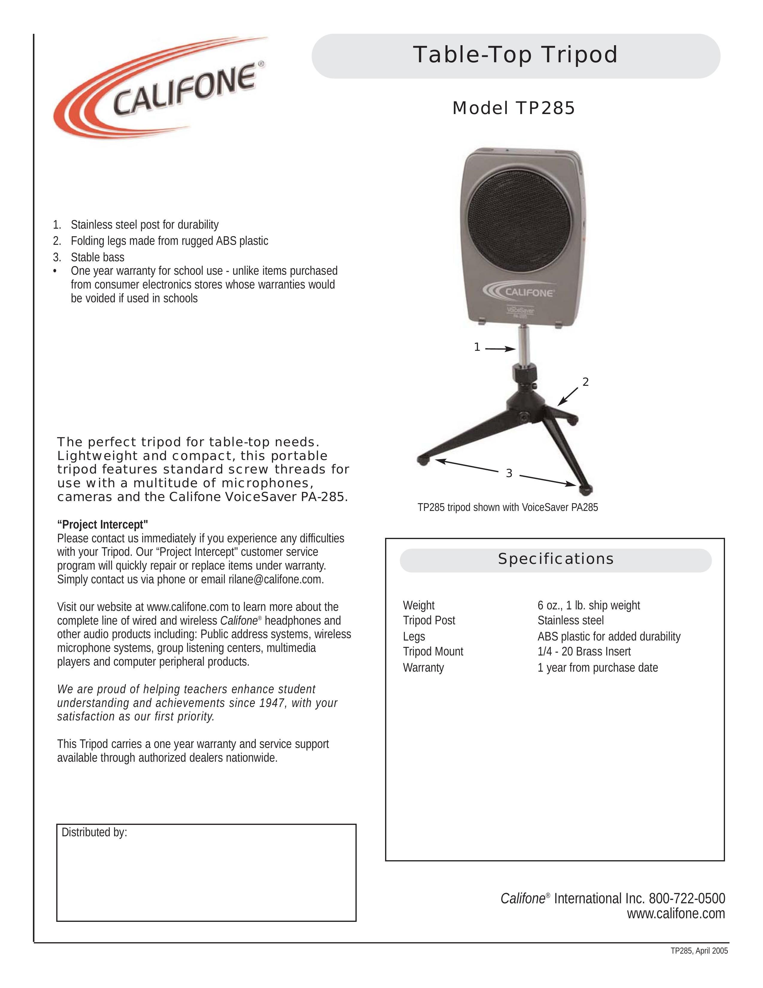 Califone TP285 Camcorder Accessories User Manual (Page 1)