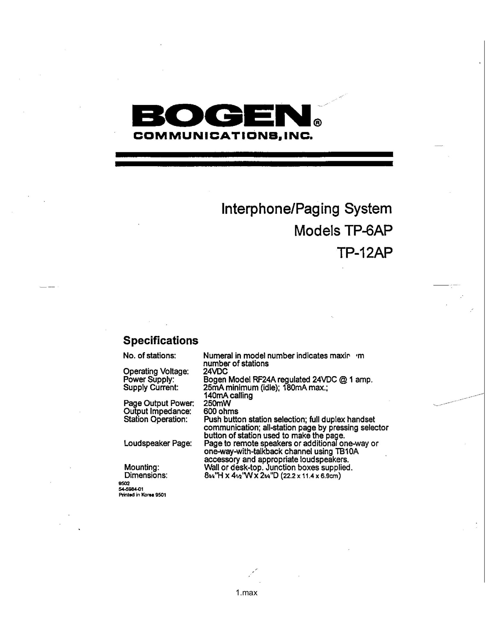 Bogen TP-6AP Amplified Phone User Manual (Page 1)