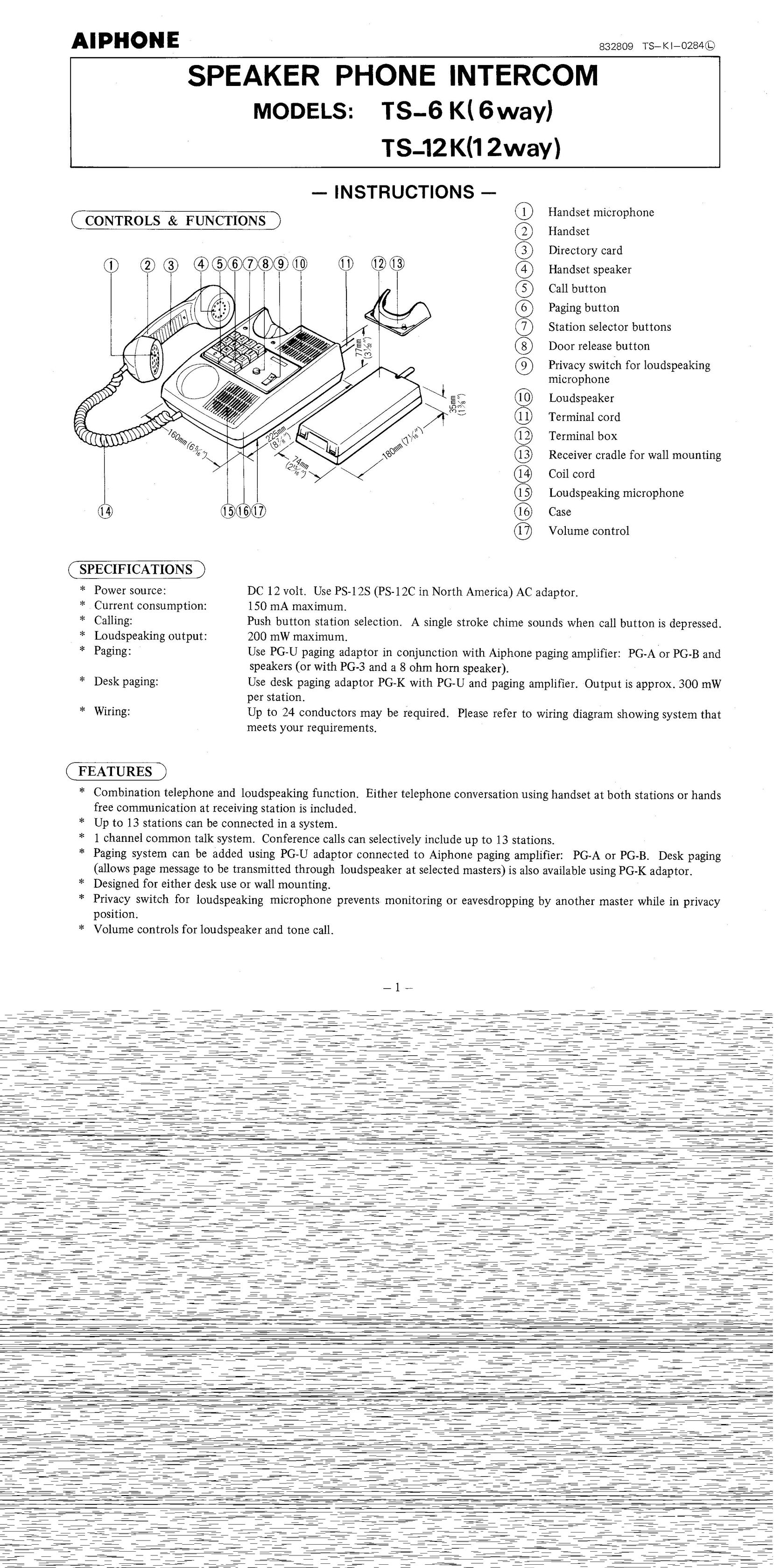Aiphone TS-12K Conference Phone User Manual (Page 1)