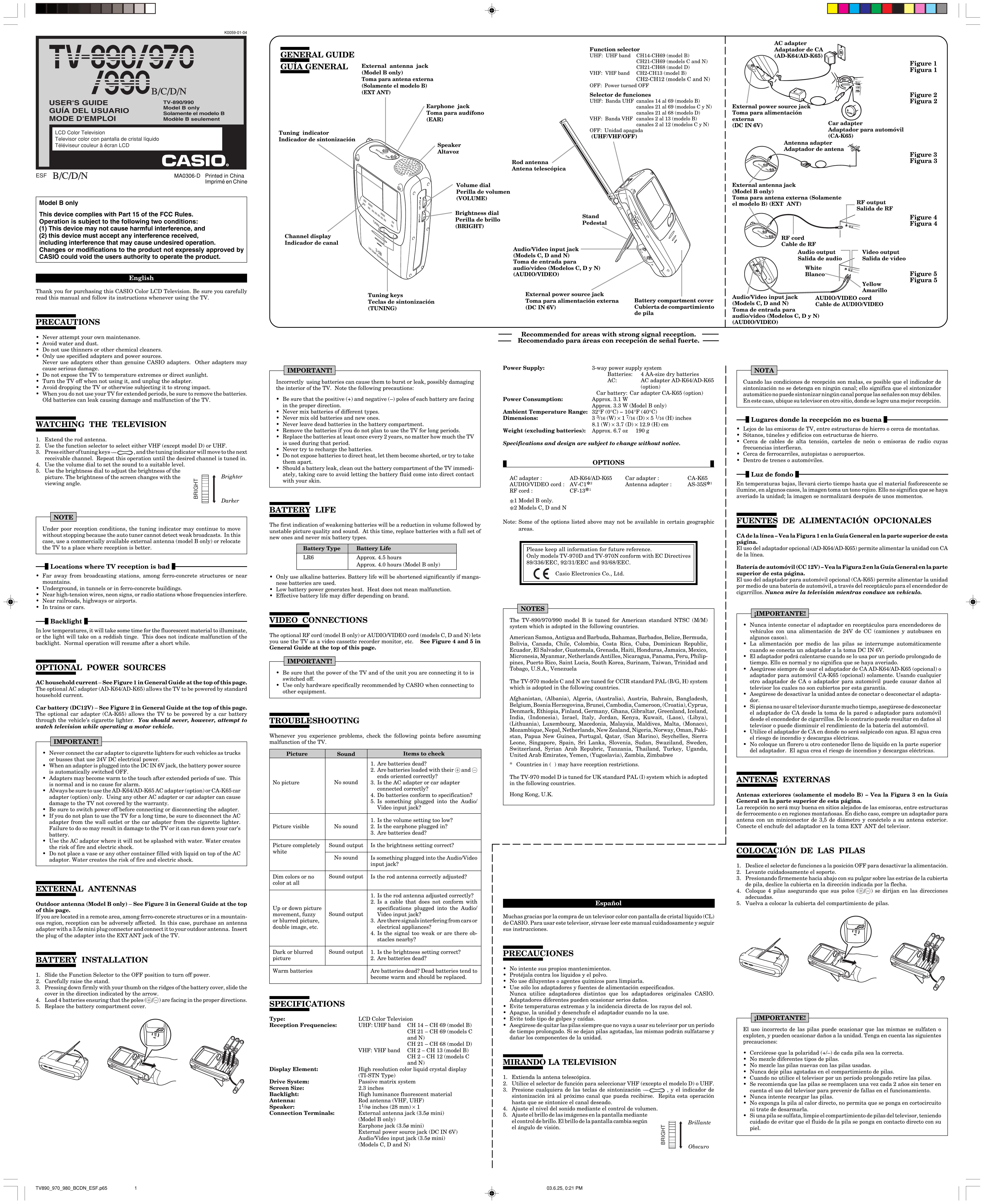 Casio TV-890/990 Handheld TV User Manual (Page 1)