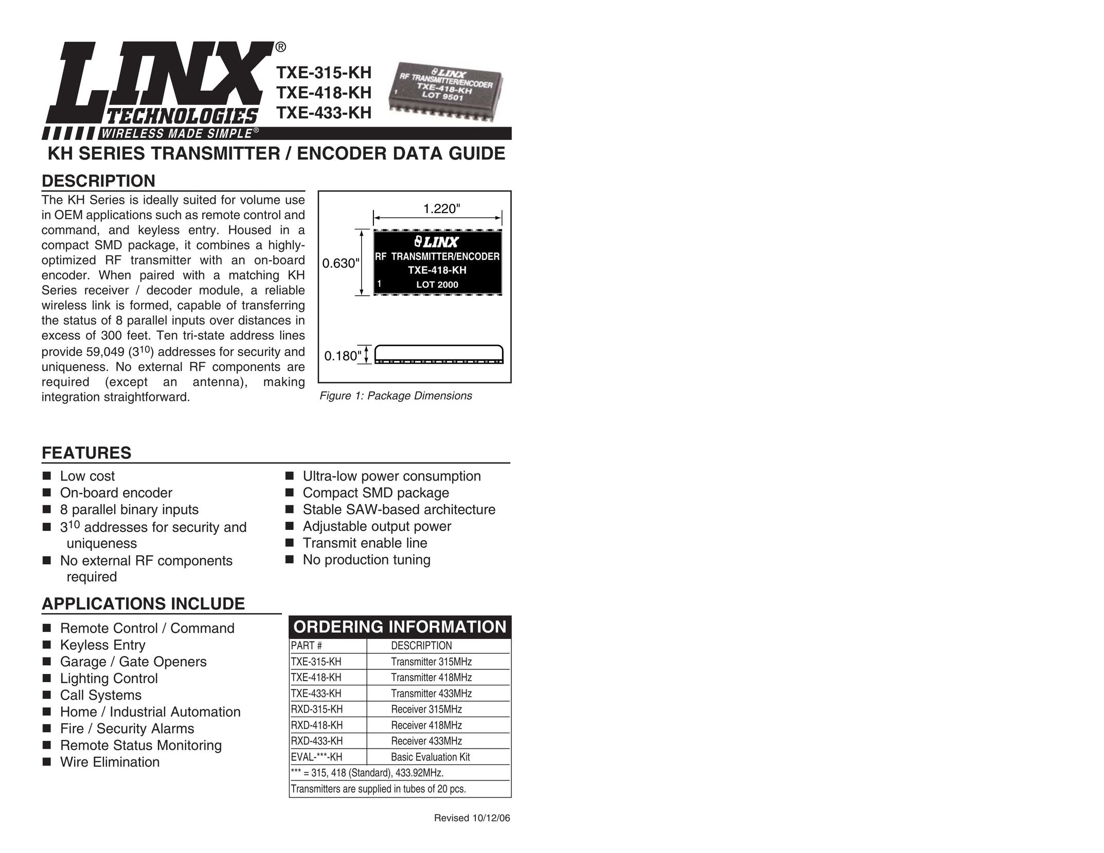 W-Linx Technology TXE-433-KH Satellite Radio User Manual (Page 1)