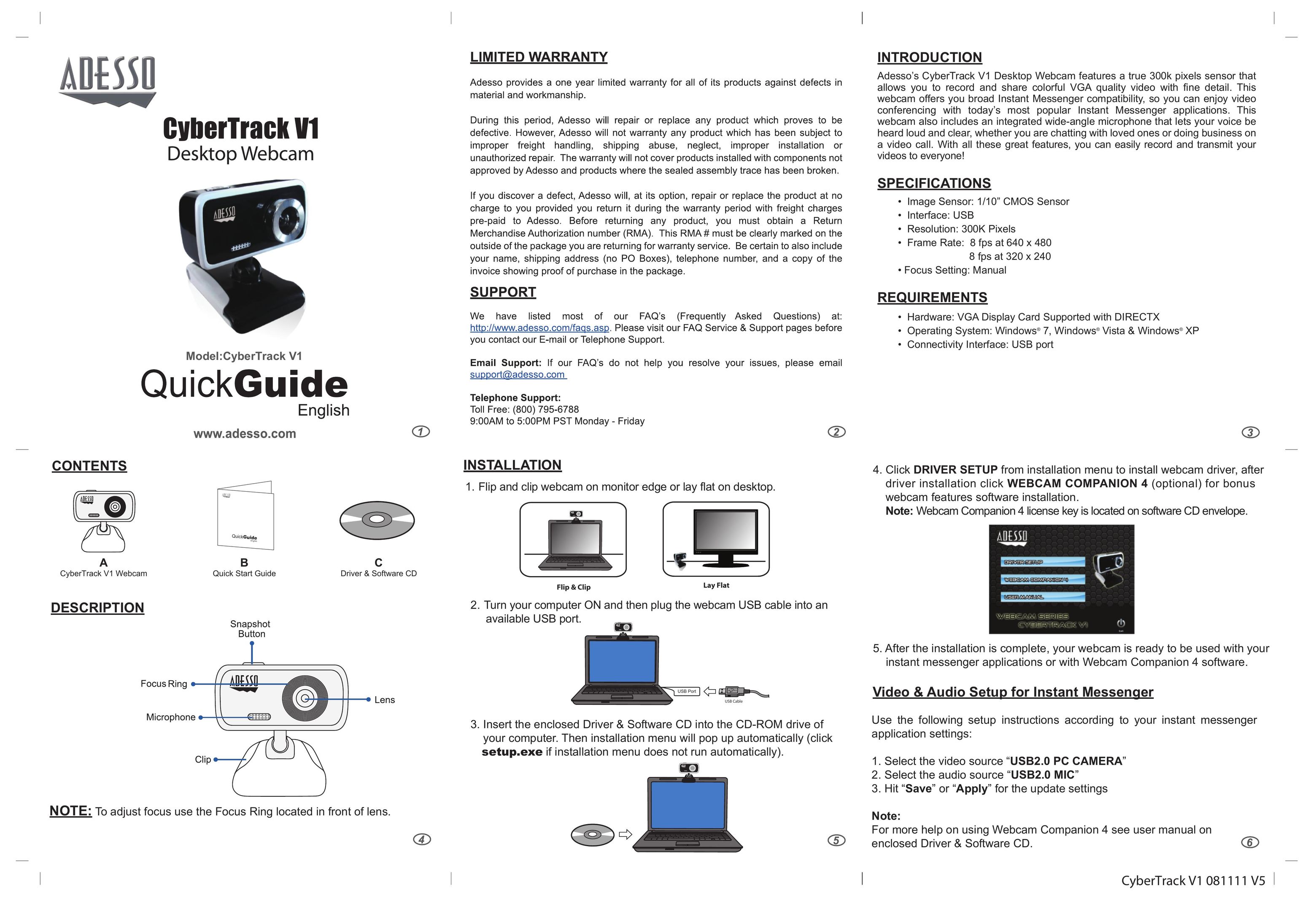 Adesso V1 Webcam User Manual (Page 1)