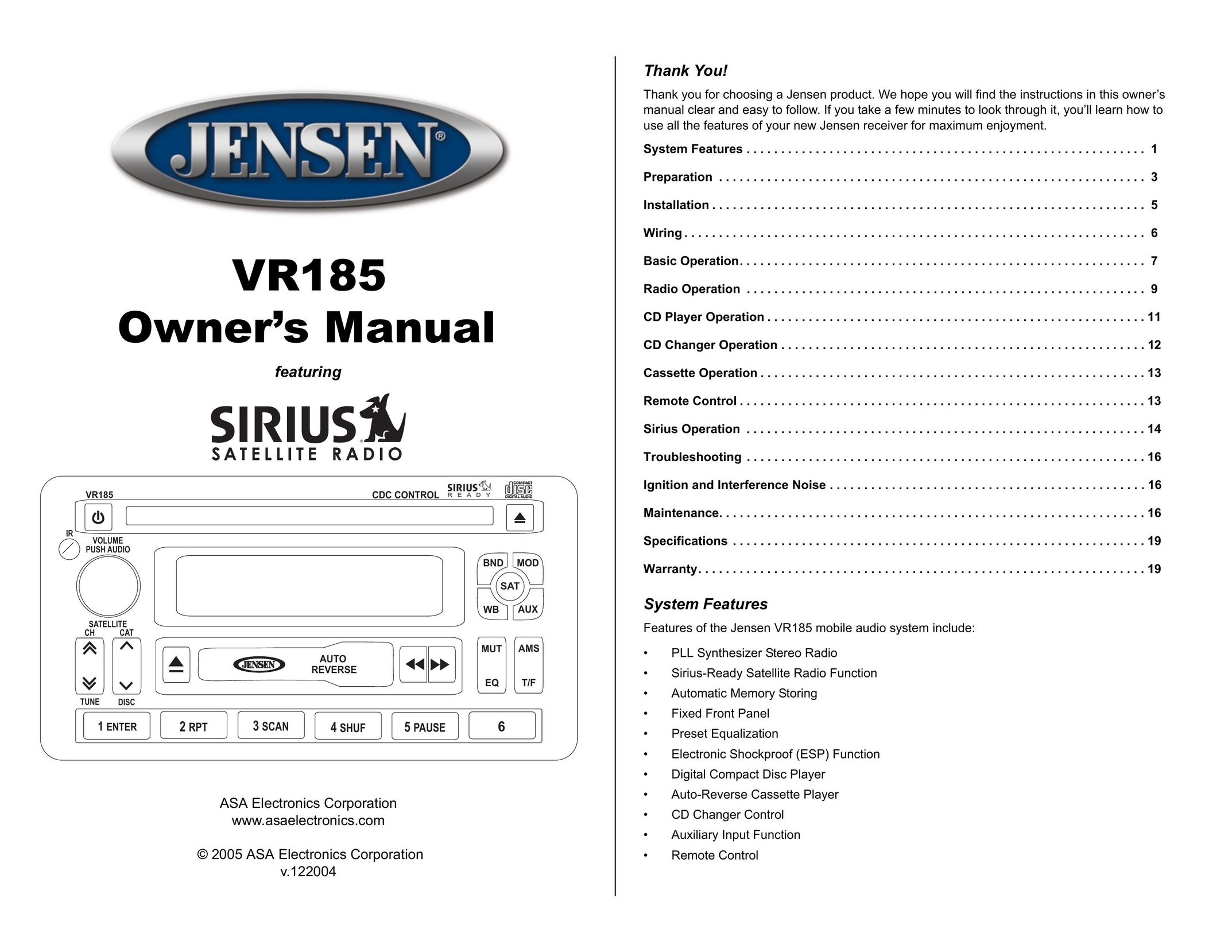 ASA Electronics VR185 Car Satellite Radio System User Manual (Page 1)