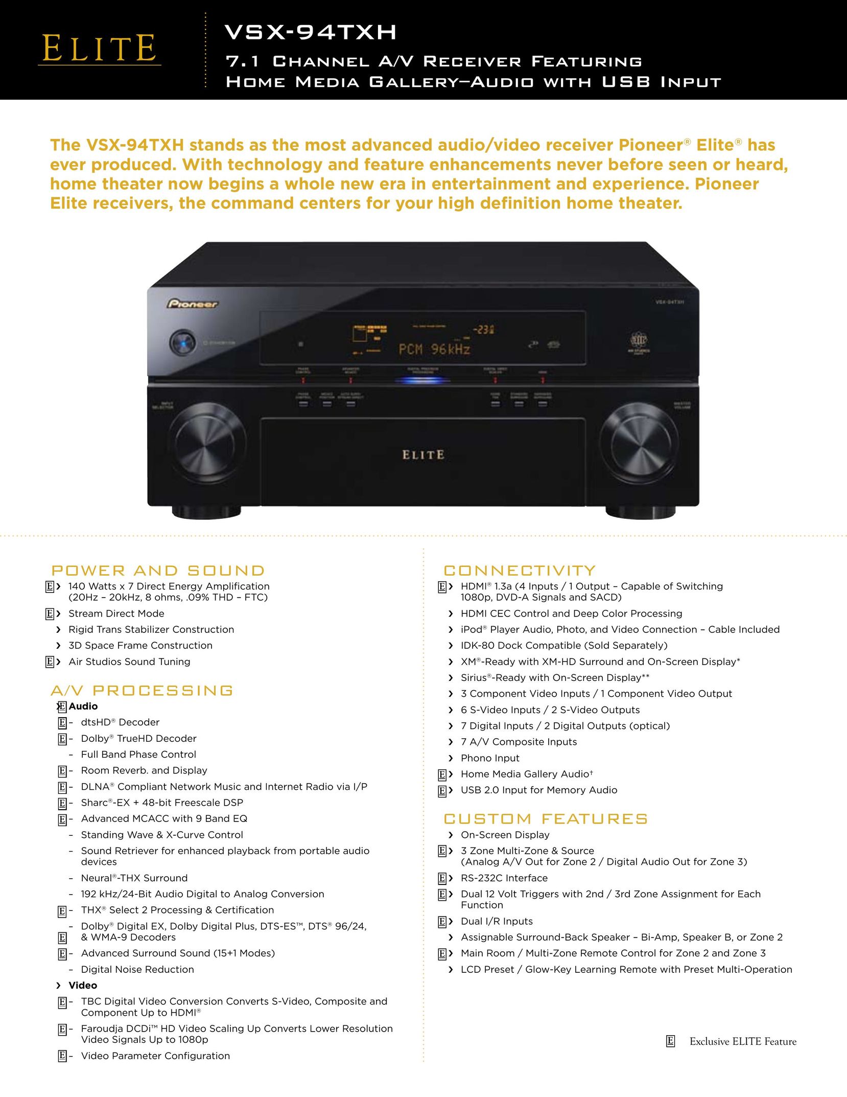 Elite VSX-94TXH Stereo Receiver User Manual (Page 1)
