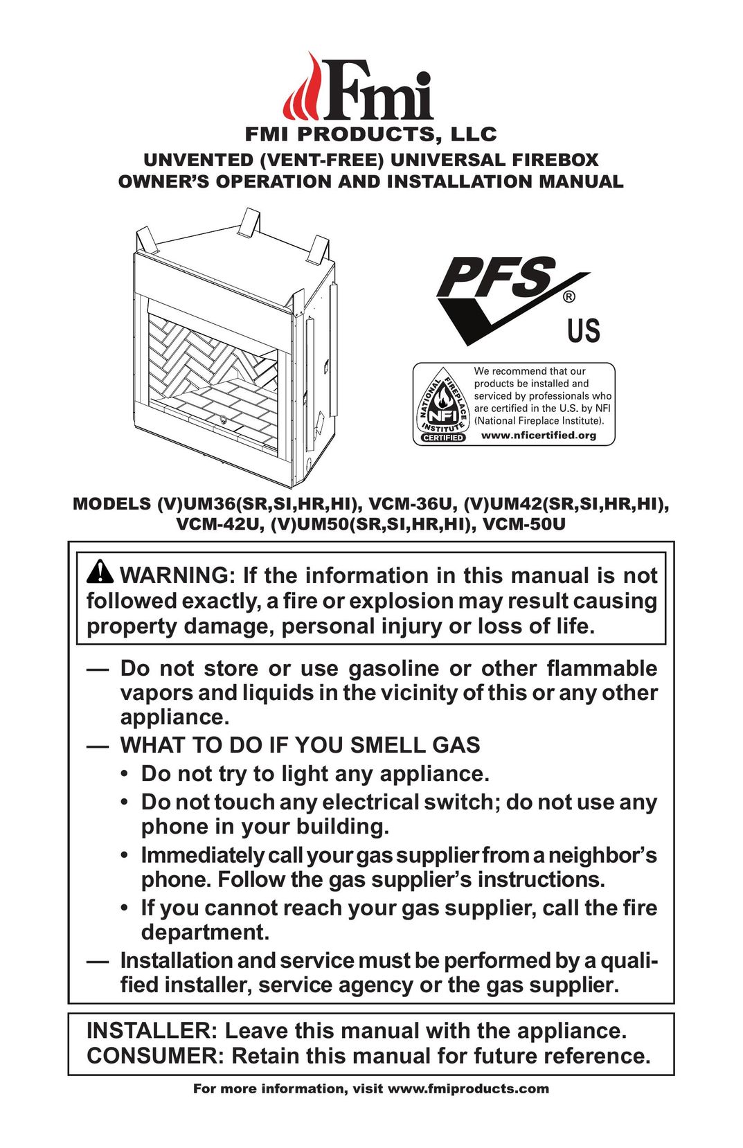 FMI (V)UM42(SR,SI,HR,HI) Indoor Fireplace User Manual (Page 1)