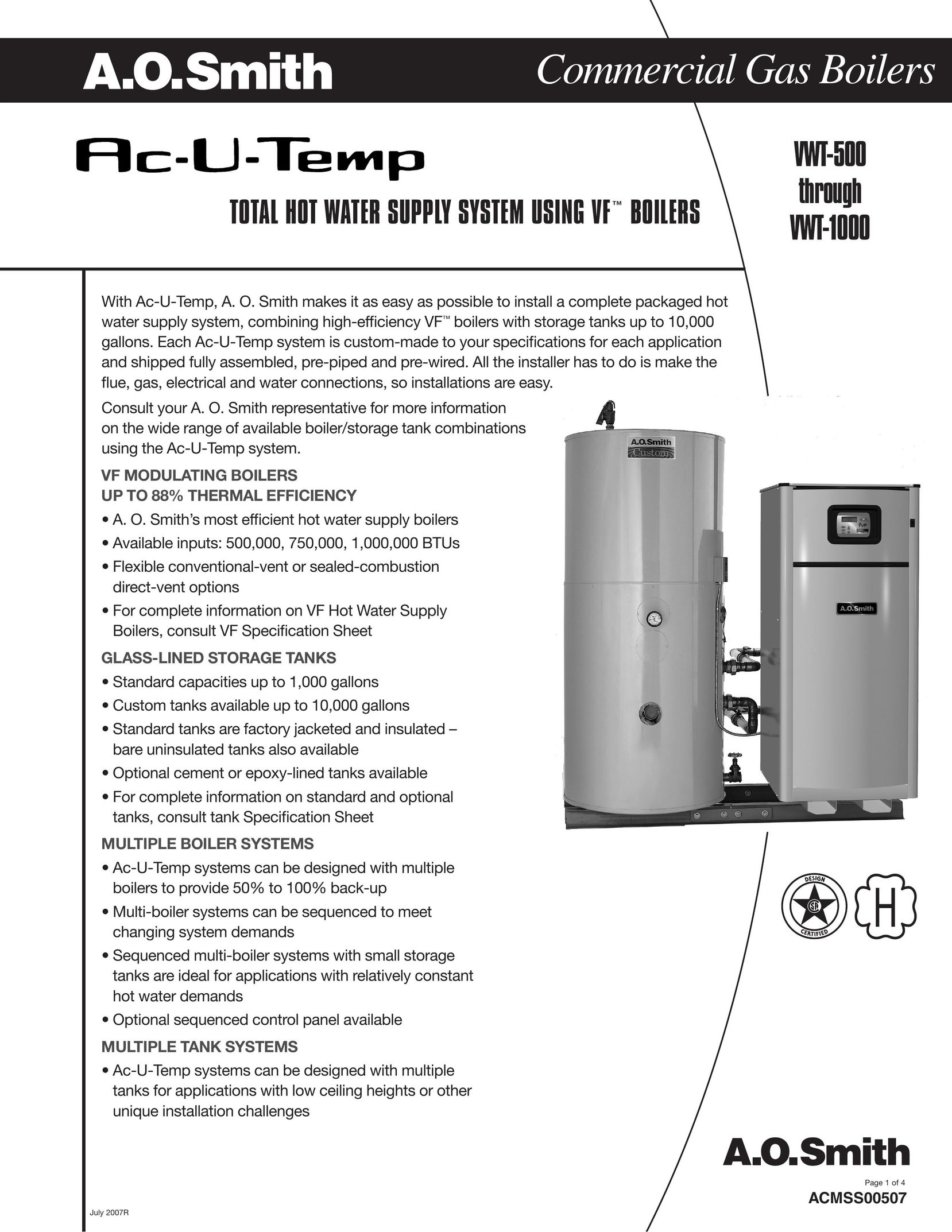 A.O. Smith VWT-500 Boiler User Manual (Page 1)