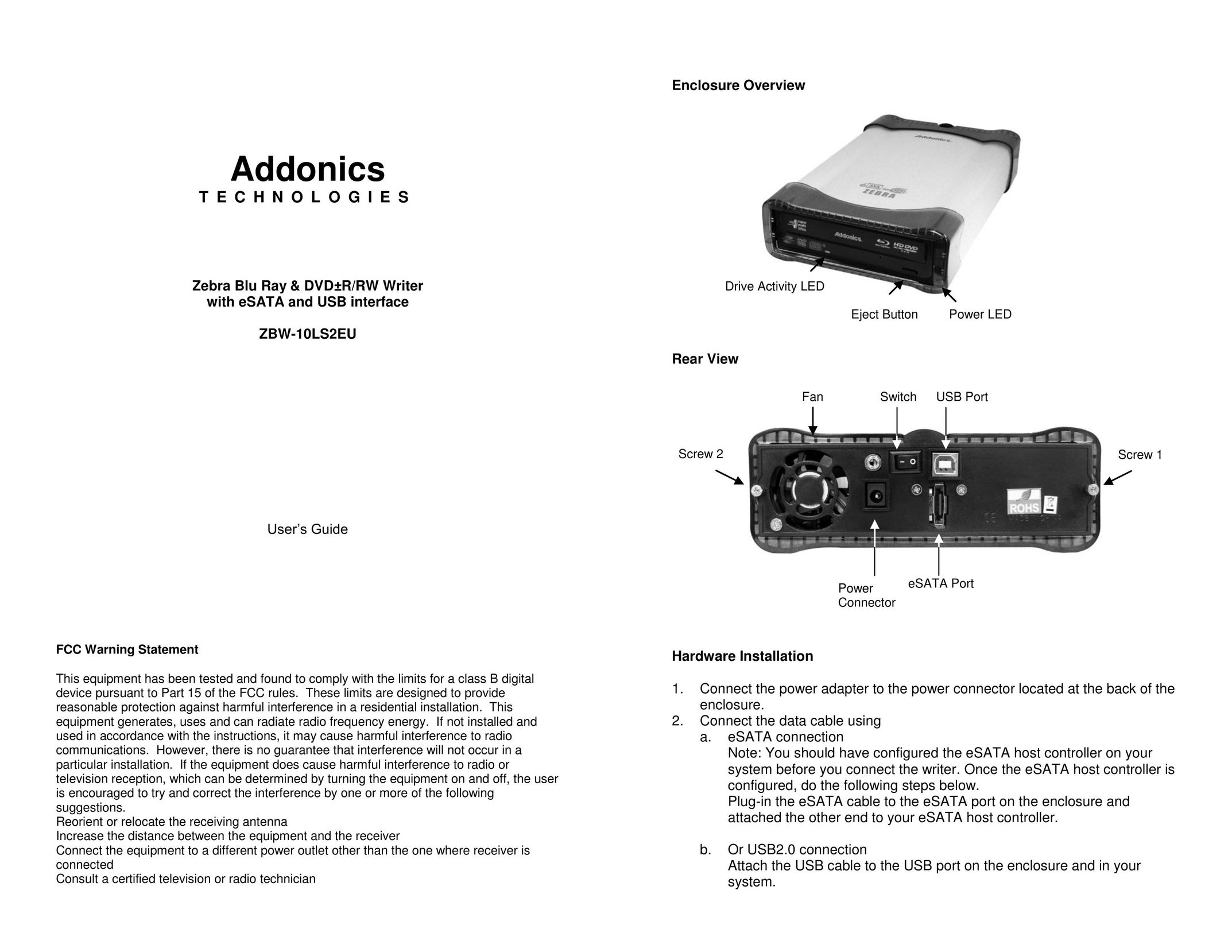Addonics Technologies ZBW-10LS2EU Blu-ray Player User Manual (Page 1)