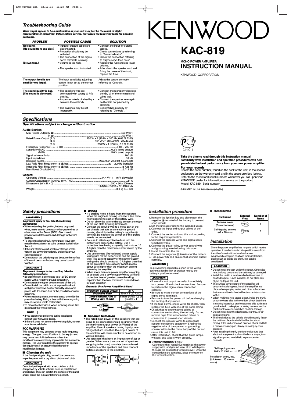 MONO POWER AMPLIFIER KAC-819 (Page 1)