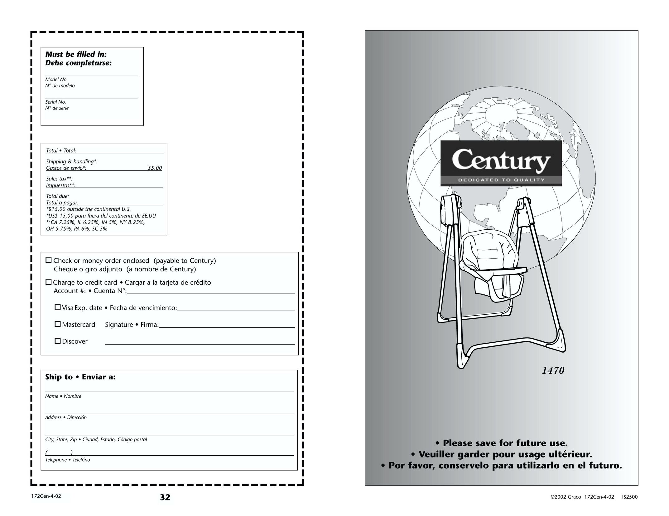 Century 1470 Baby Swing User Manual