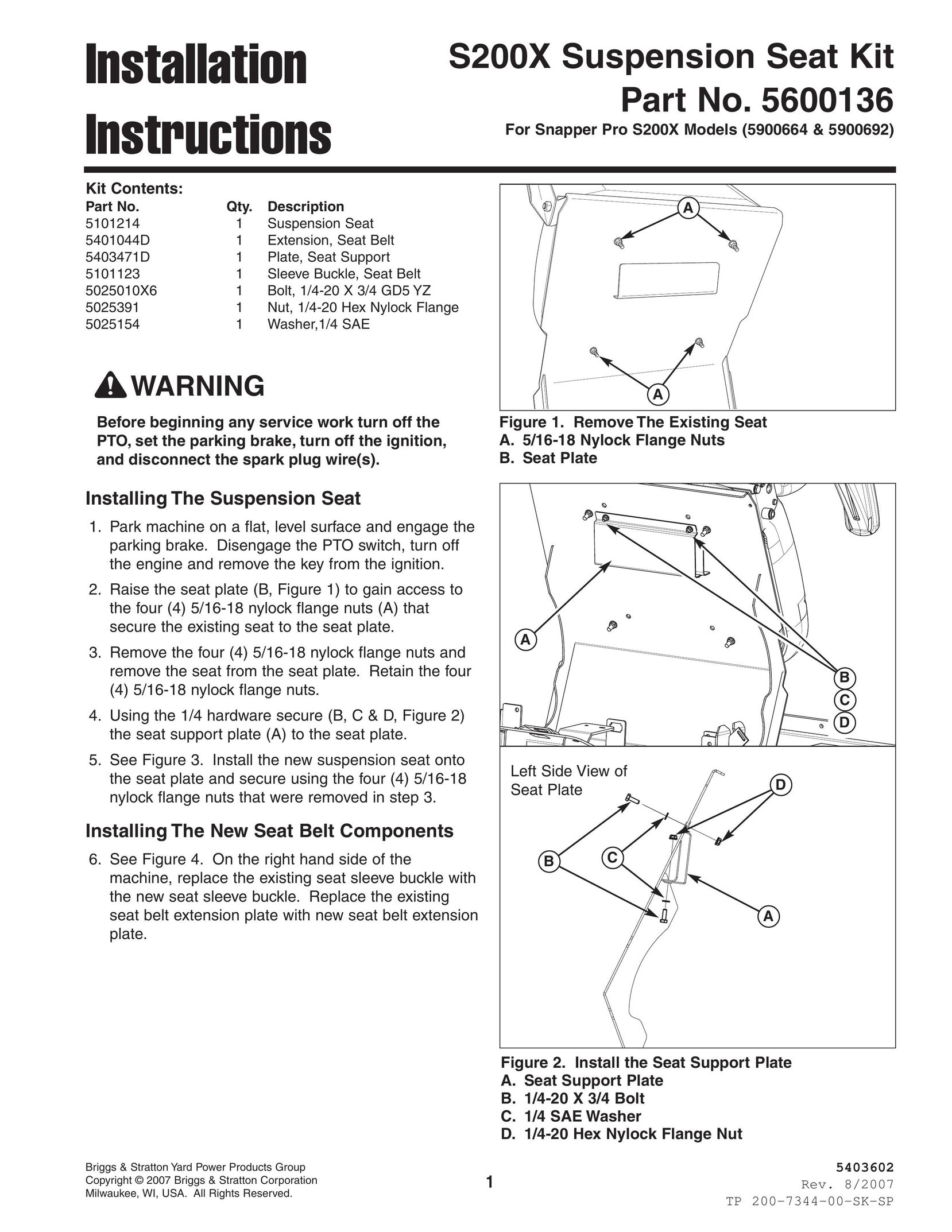 Briggs & Stratton S200X Car Seat User Manual