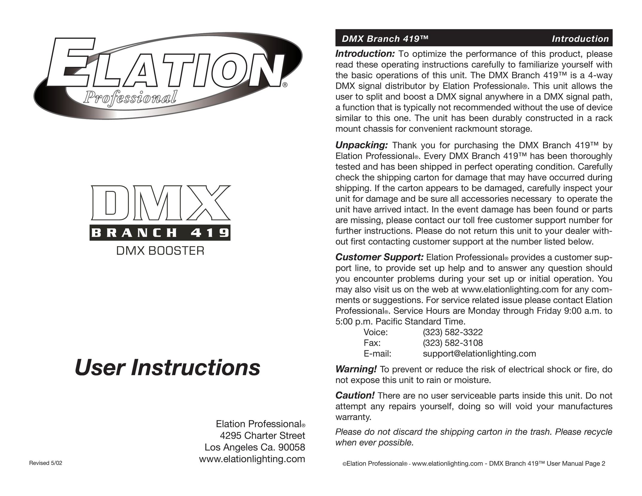 Elation Professional 419 Car Seat User Manual
