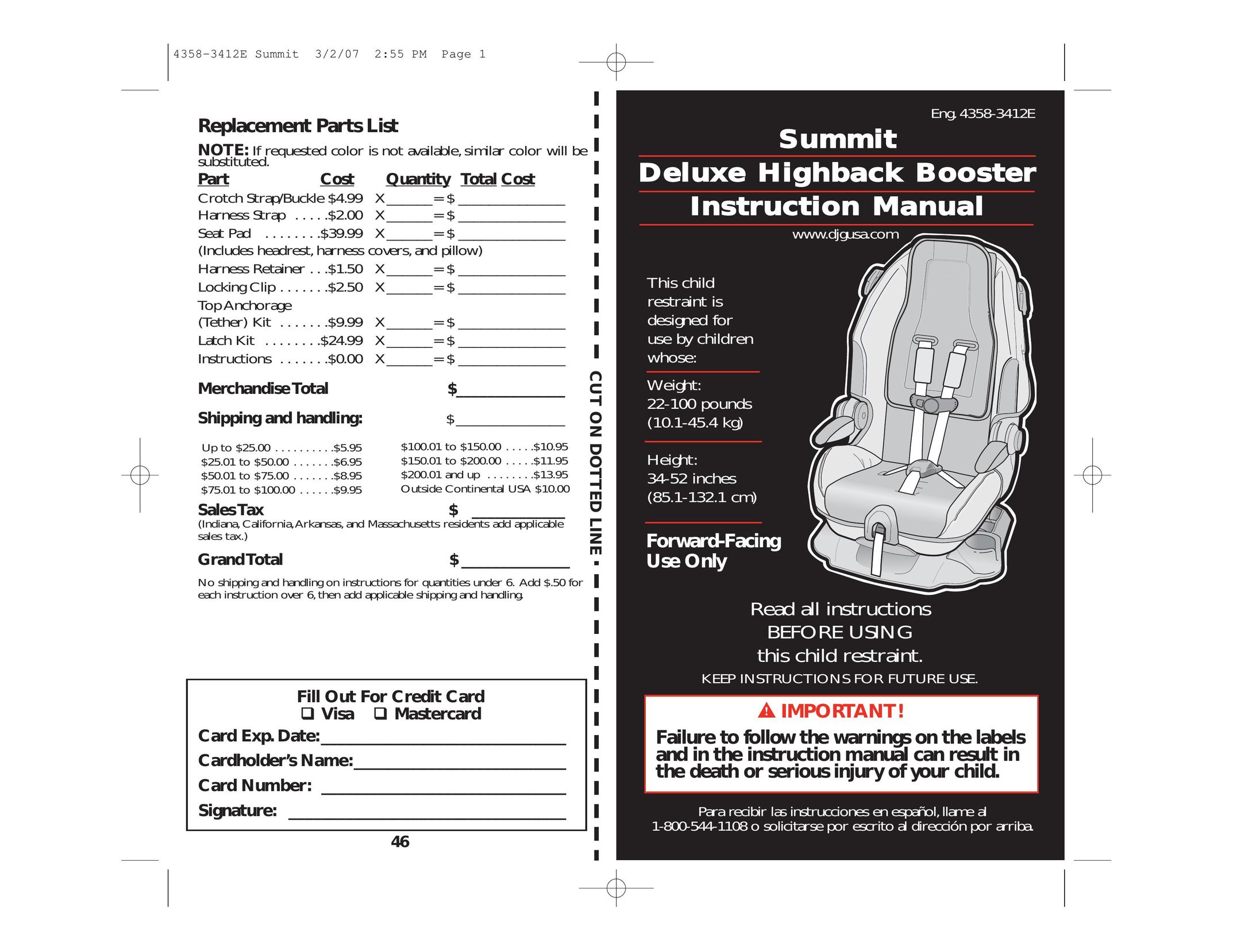 Summit ENG. 4358-3412E Car Seat User Manual